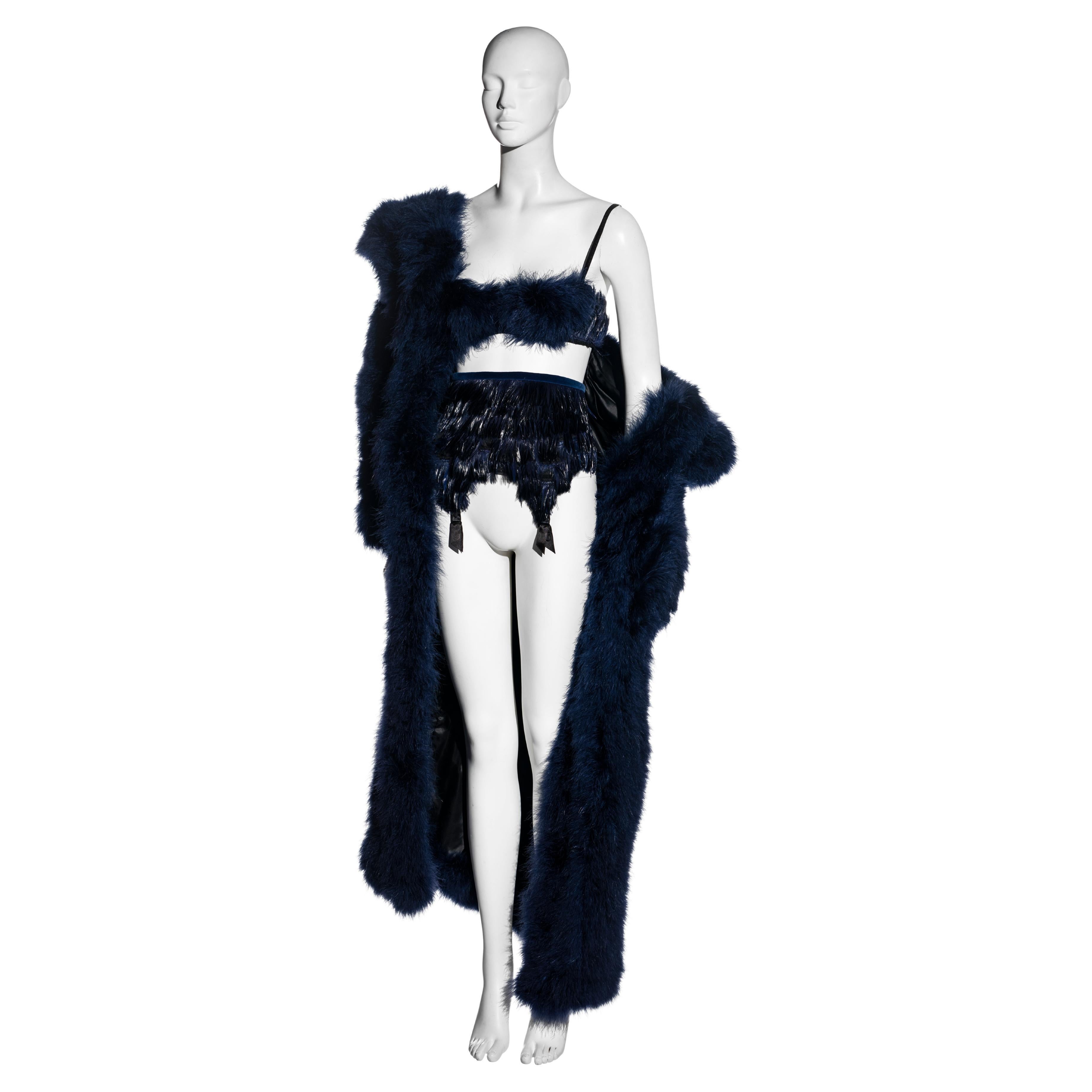 Chantal Thomass navy blue marabou coat, bra and garter belt 3-piece set, fw 1993