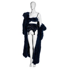 Retro Chantal Thomass navy blue marabou coat, bra and garter belt 3-piece set, fw 1993