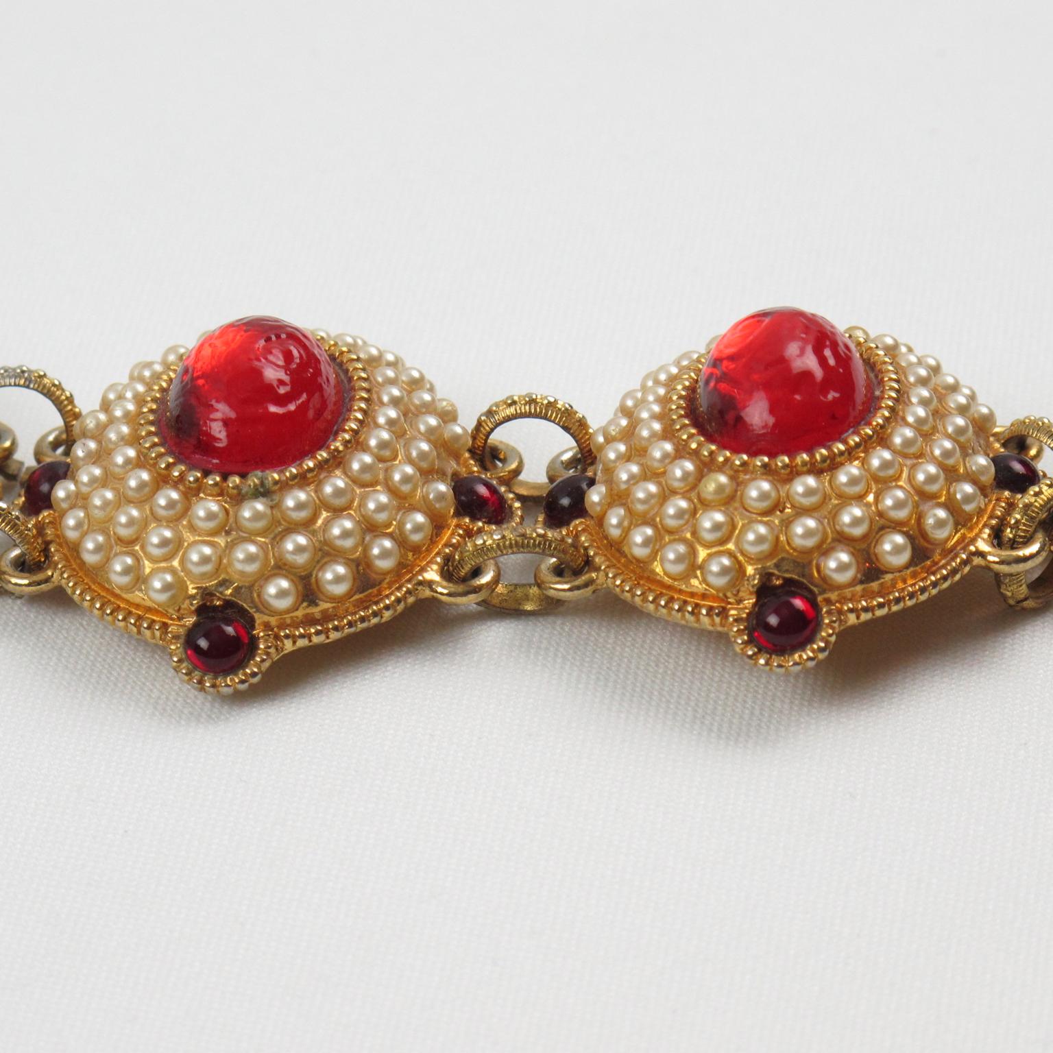 Modern Chantal Thomass Paris Jeweled Link Bracelet Pearl and Red Cabochons For Sale