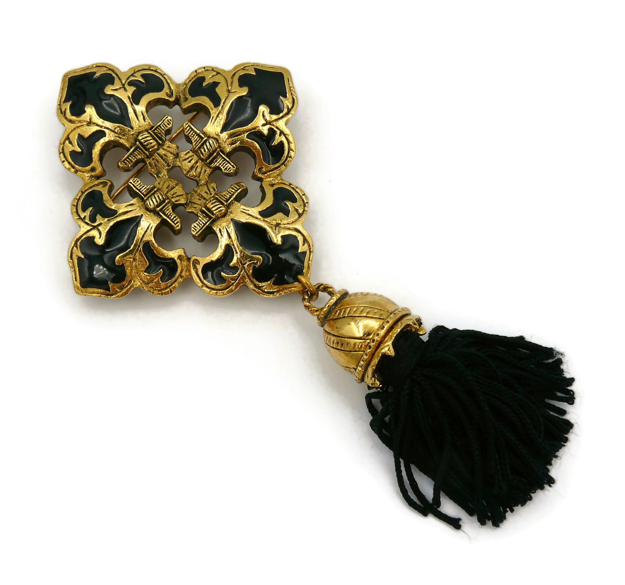 CHANTAL THOMASS Vintage Goldfarbene schwarze Fleur-de-Lis-Brosche aus Emaille im Zustand „Gut“ im Angebot in Nice, FR