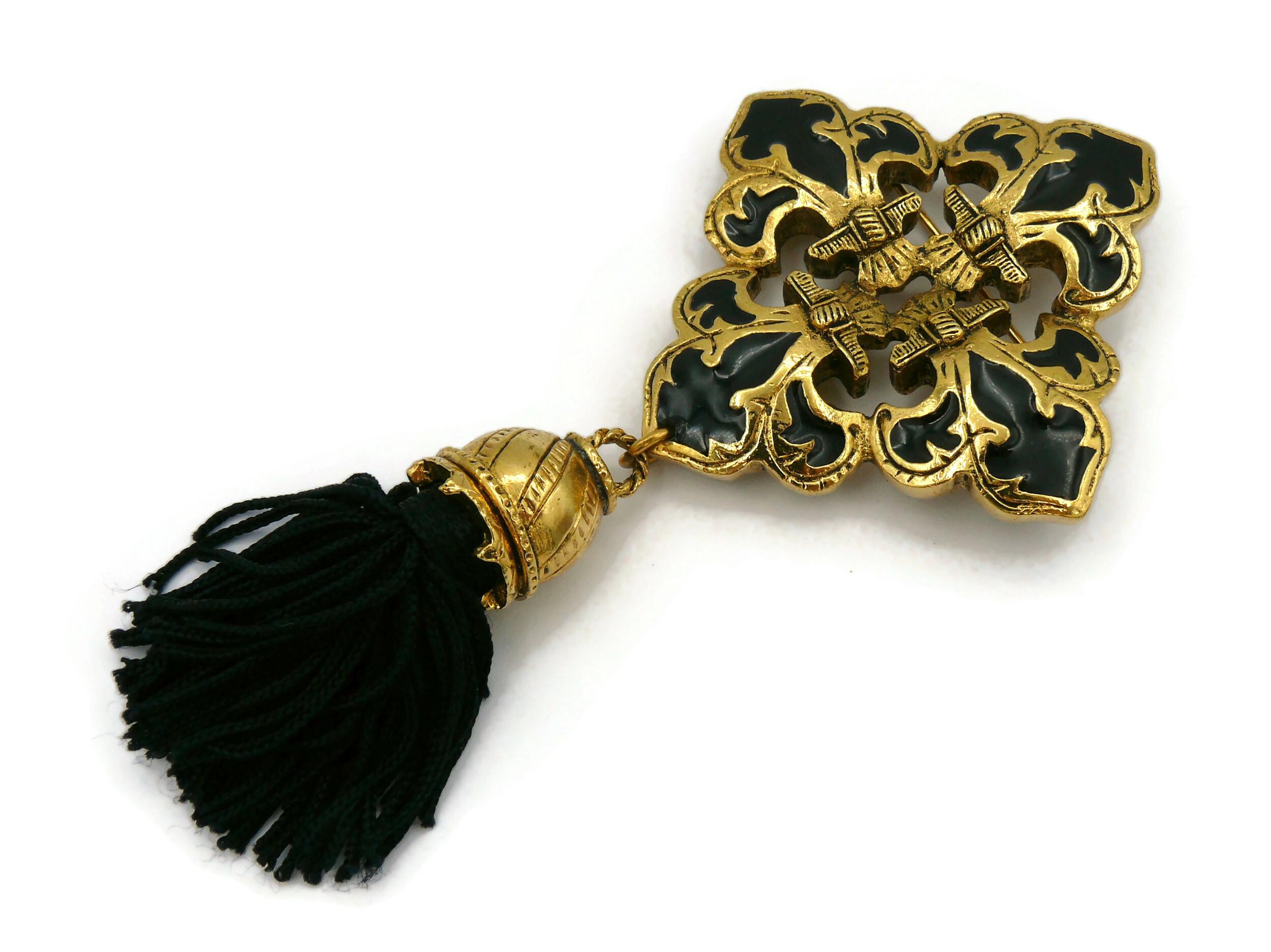 Women's CHANTAL THOMASS Vintage Gold Tone Black Enamel Fleur-de-Lis Brooch For Sale