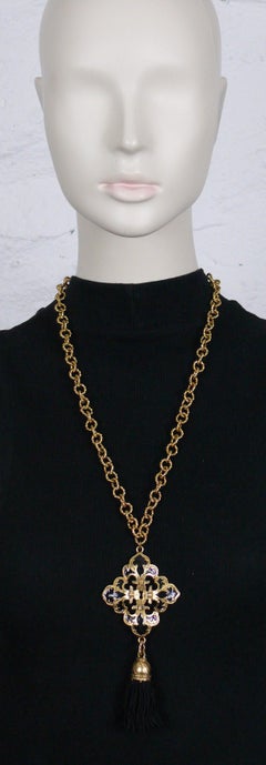Chantal Thomass Vintage Gold Toned Black Enamel Fleur-de-Lis Pendant Necklace