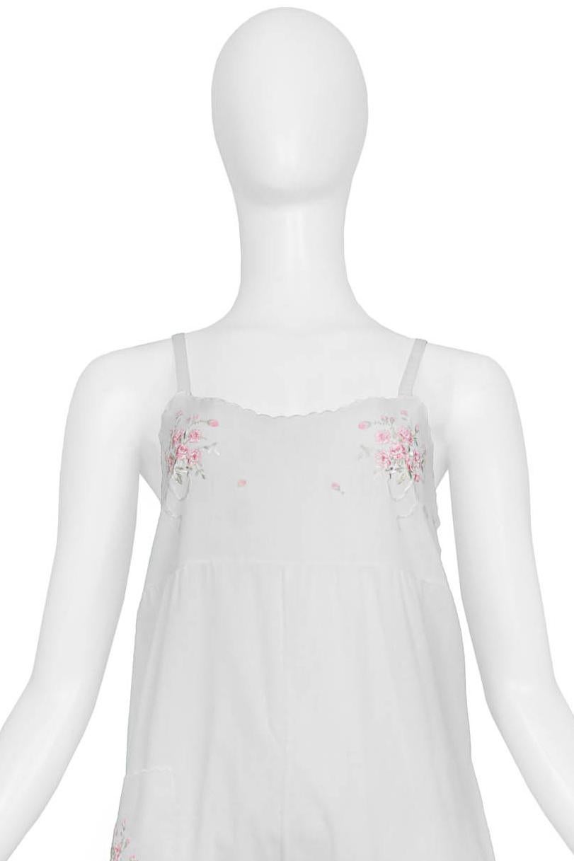 Gray Chantal Thomass White Cotton Jumpsuit With Pink Floral Embroidery For Sale