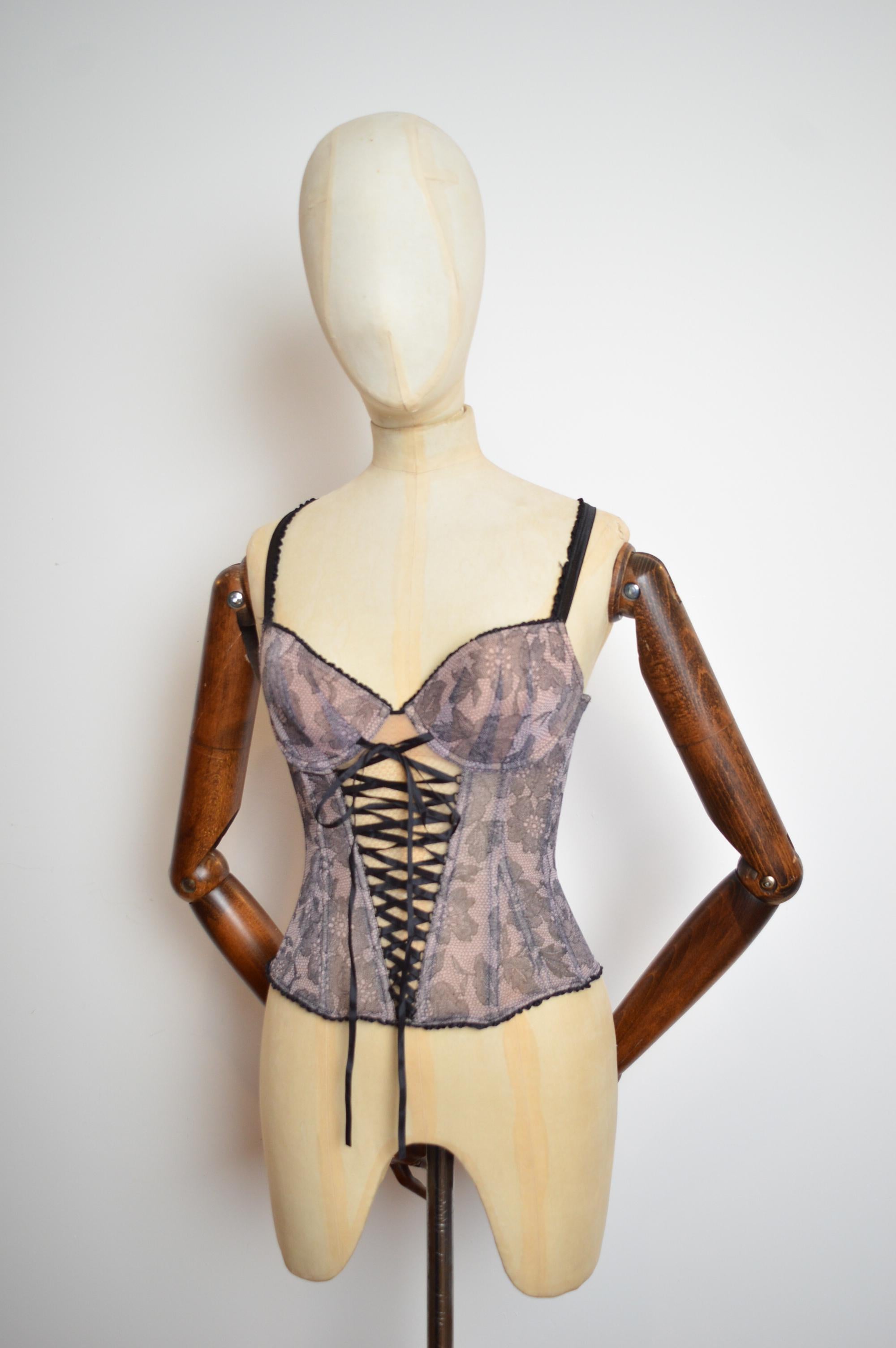 Chantal Thomass Y2k Pink & Black Trompe l’œil lace Corset Ribbon detail Bustier For Sale 6
