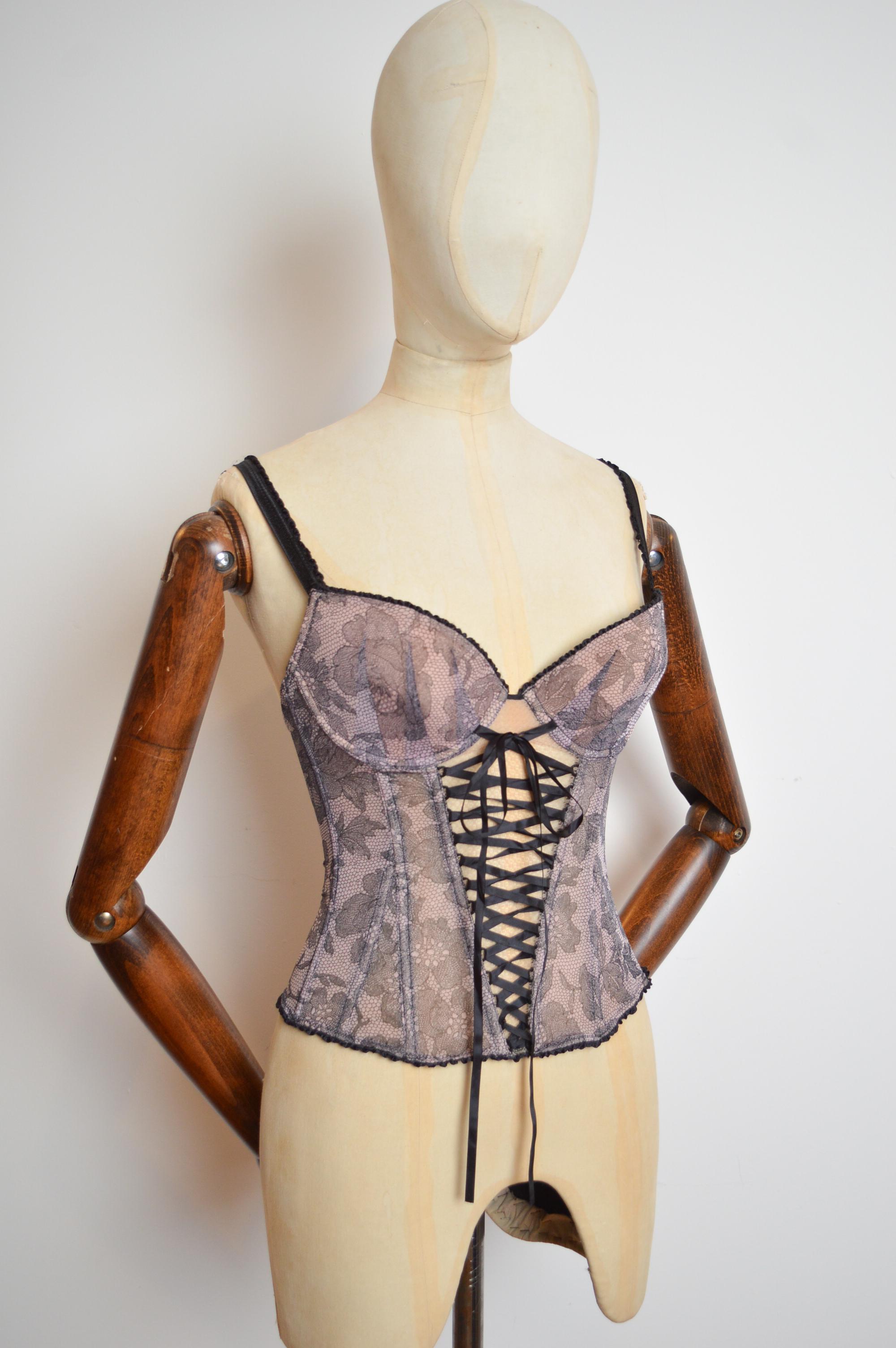 Chantal Thomass Y2k Pink & Black Trompe l’œil lace Corset Ribbon detail Bustier In Good Condition For Sale In Sheffield, GB