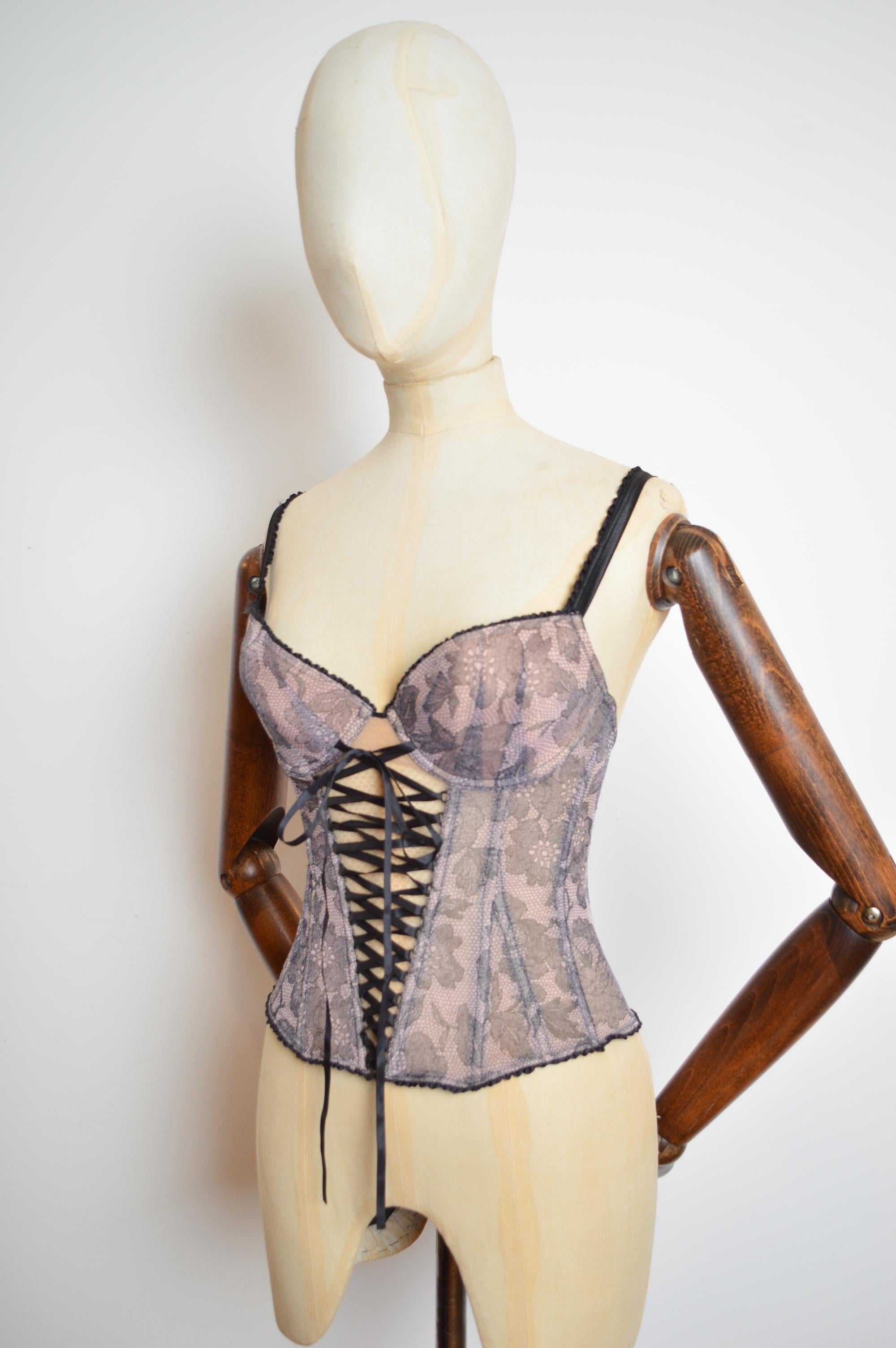 Chantal Thomass Y2k Pink & Black Trompe l’œil lace Corset Ribbon detail Bustier For Sale 1