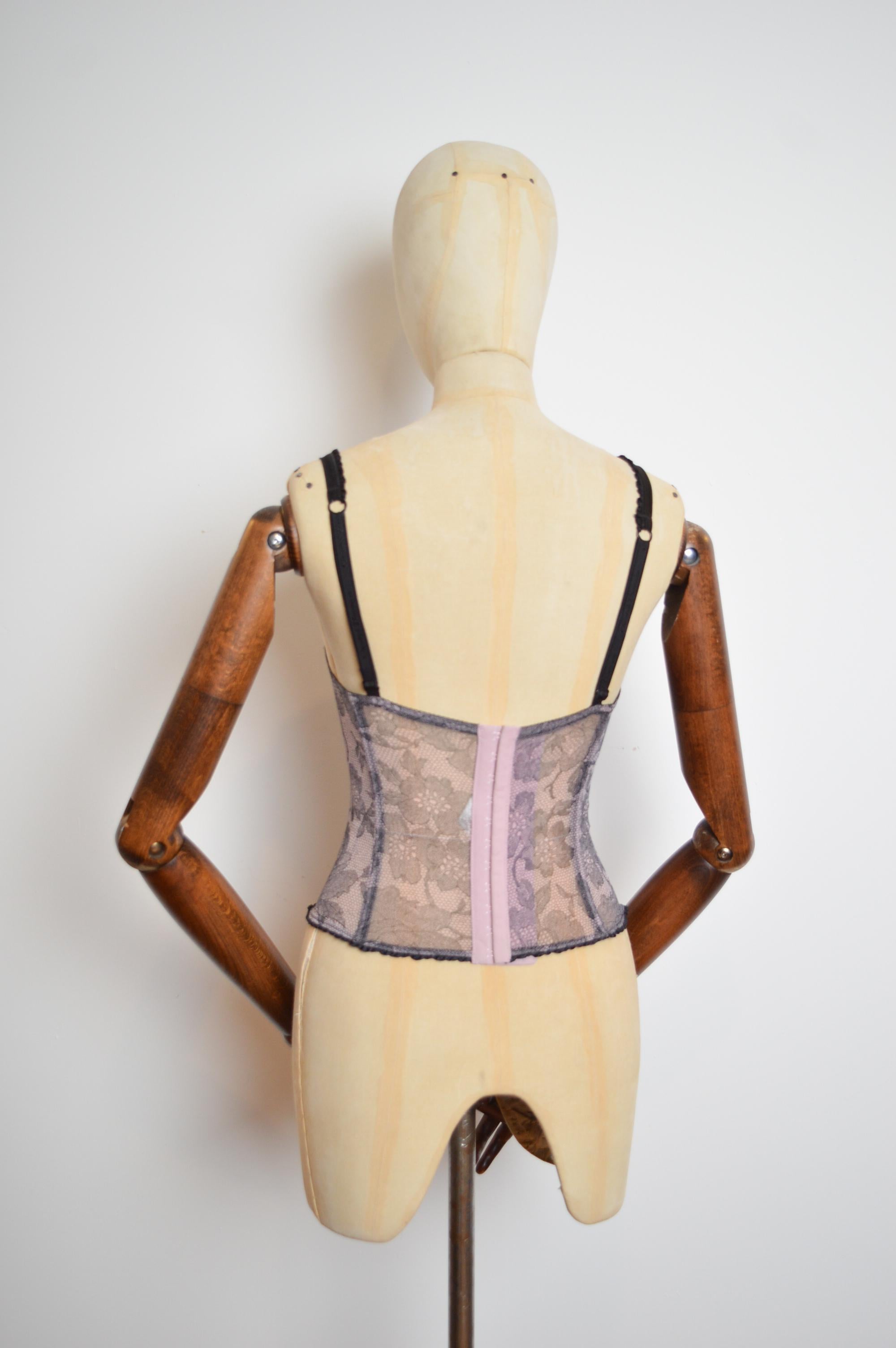 Chantal Thomass Y2k Pink & Black Trompe l’œil lace Corset Ribbon detail Bustier For Sale 3
