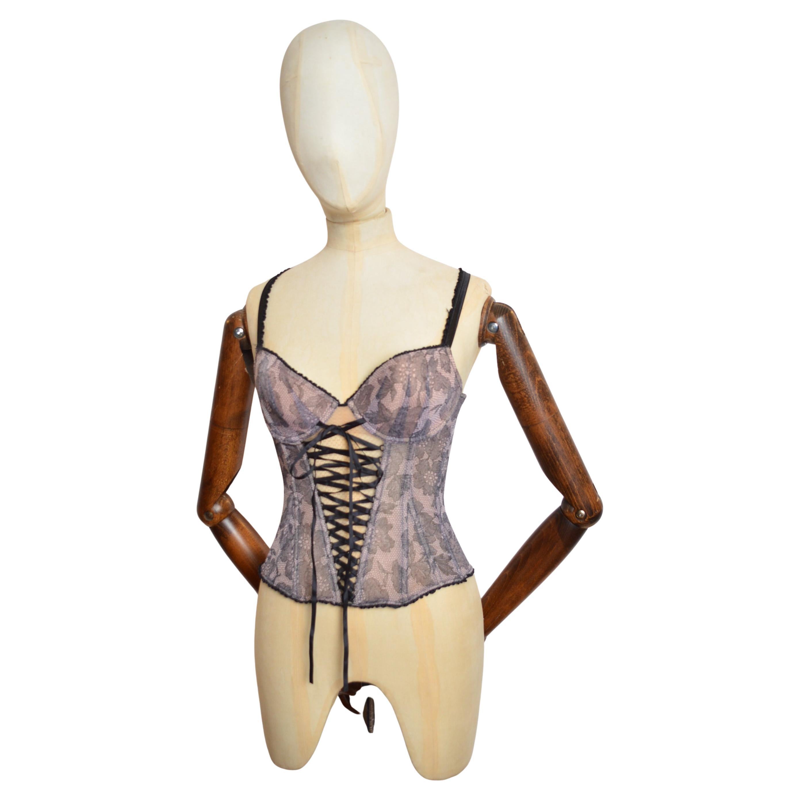 Chantal Thomass Y2k Pink & Black Trompe l’œil lace Corset Ribbon detail Bustier For Sale