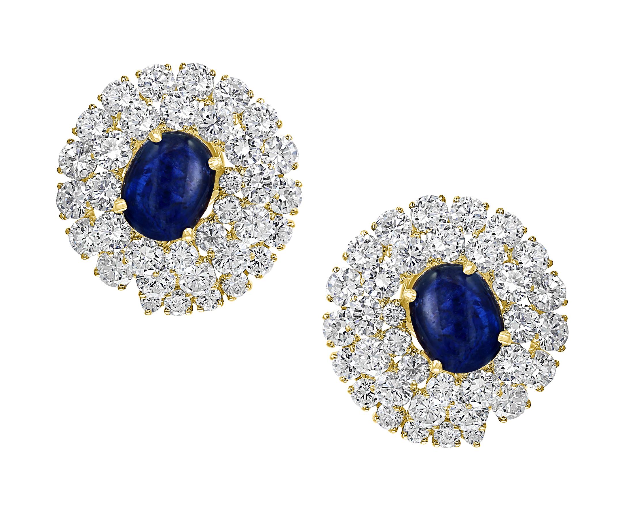 Designer Chantecler From Italy 
12 Ct Sapphire Cabochon And 22 Ct VS/E-F Color Diamond Ring, Earring Set 18 Karat Yellow Gold 
 Total 3 sapphires in earrings and ring.
 12 Carat blue   Sapphire  Cabochon and Diamond Stud  Earring 18 Karat Yellow