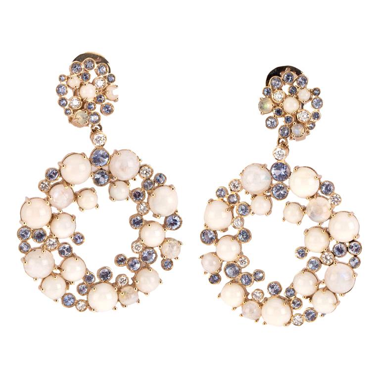 Chantecler 18 Karat Gold White Coral Labradorite Sapphire Diamonds Earrings For Sale