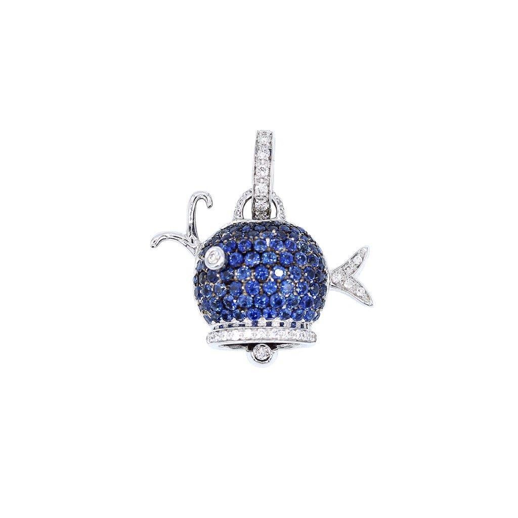 Small whale charm in 18k white gold with pave set blue sapphires and diamonds. Made in Italy by Chantecler.