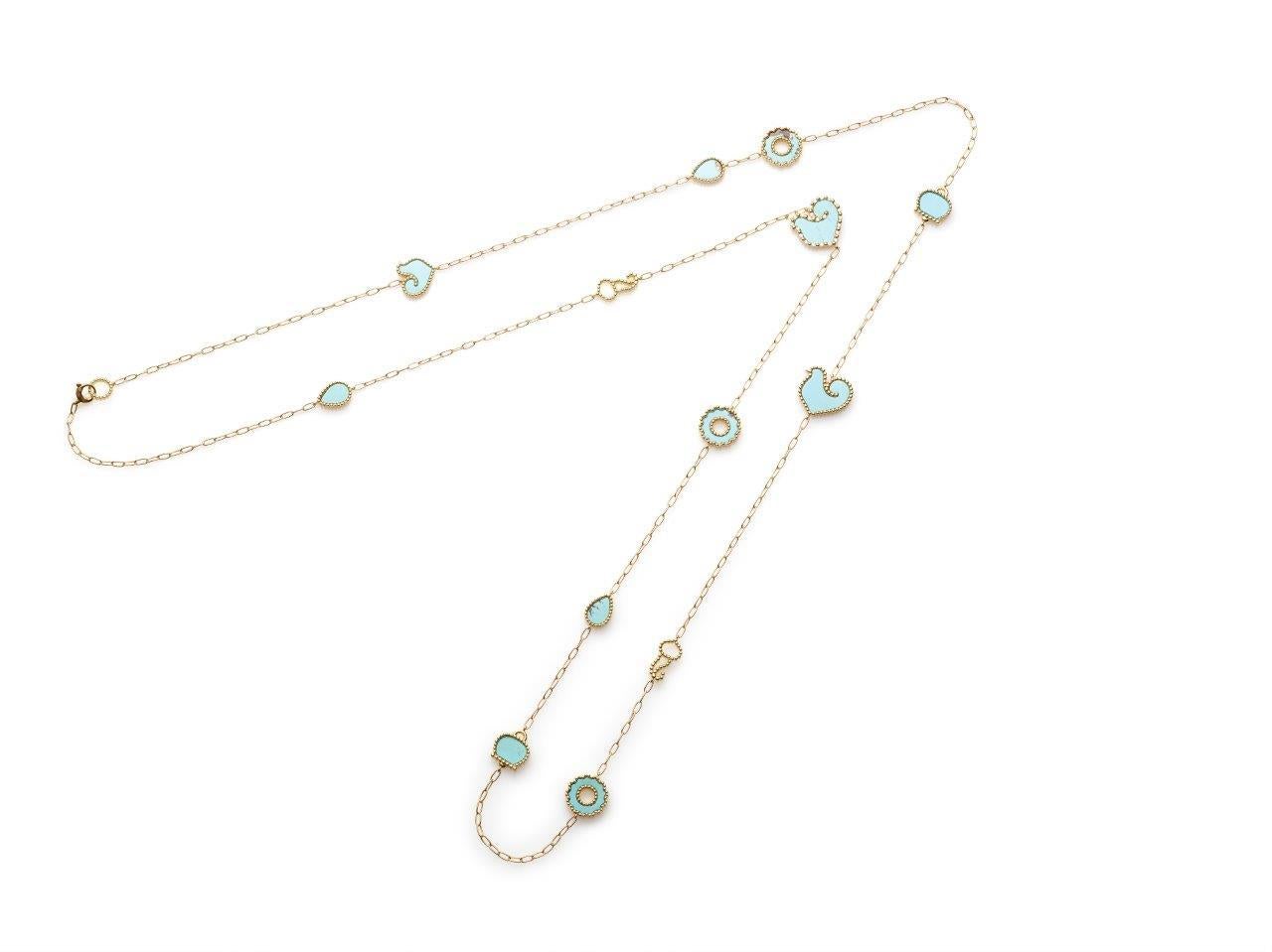 On the occasion of its seventieth anniversary, Chantecler celebrates the essence of the brand, expressed in this collection by iconic symbols and colors. 45 inch long necklace in 18k yellow gold, turquoise and diamonds.
