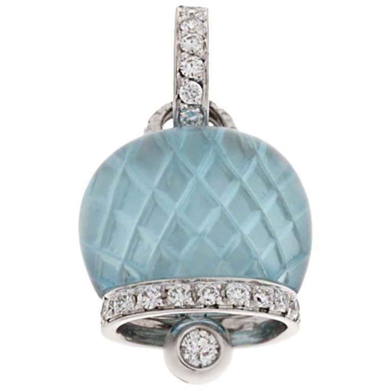 CHANTECLER Bell Charm in 18K White Gold Diamonds Pavé and Blue Topaz For Sale