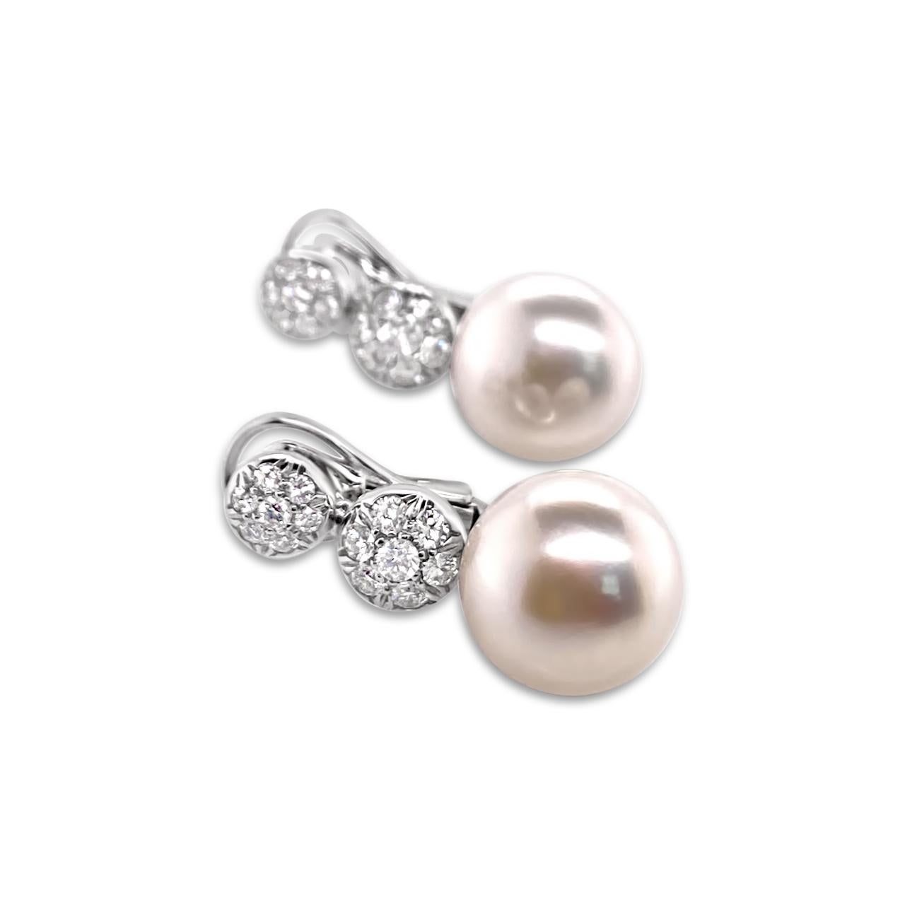 18K White Gold Freshwater Pearl and 0.85 Carat (total weight) Diamond Short Drop Earrings in style 'Bon Bon' by Italian jeweler Chantecler.