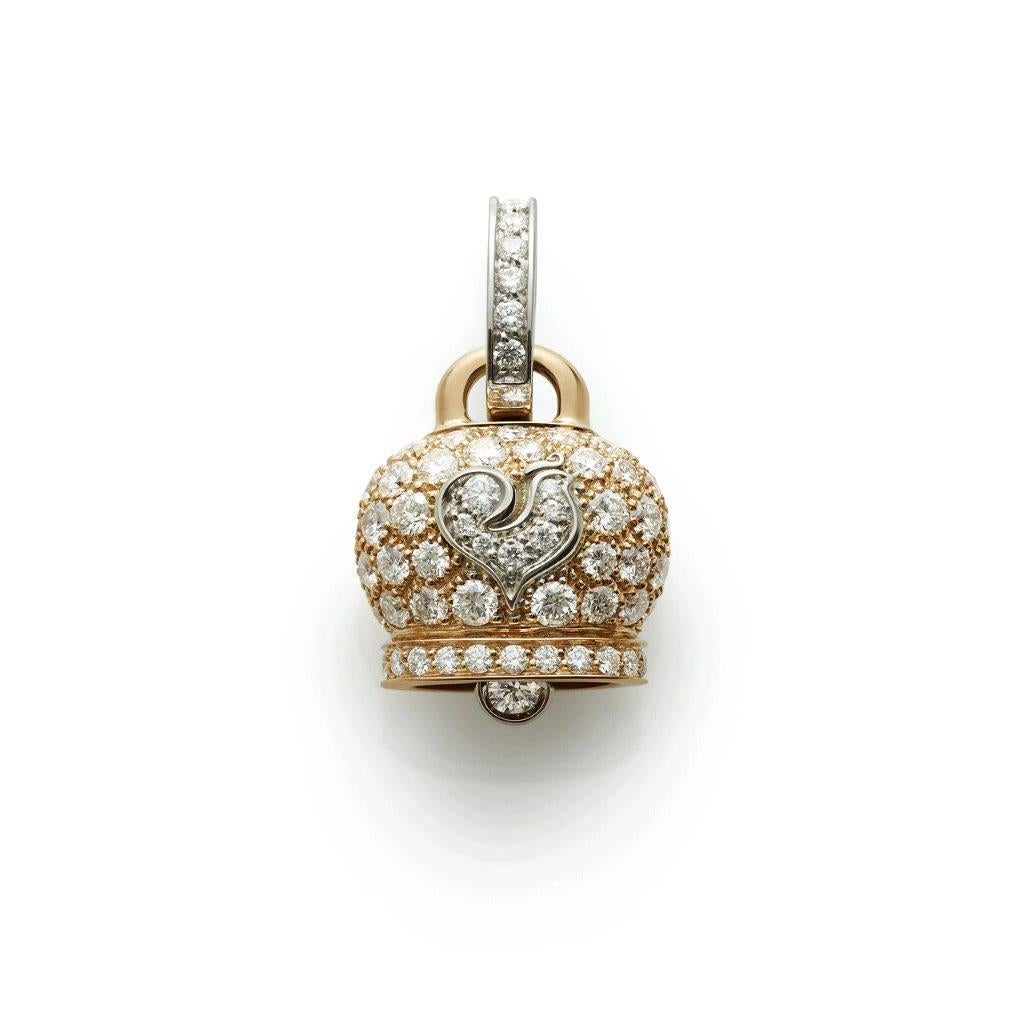 Small Campanella charm in 18k pink and white gold with 1.21 cts. diamonds, rooster in white gold.