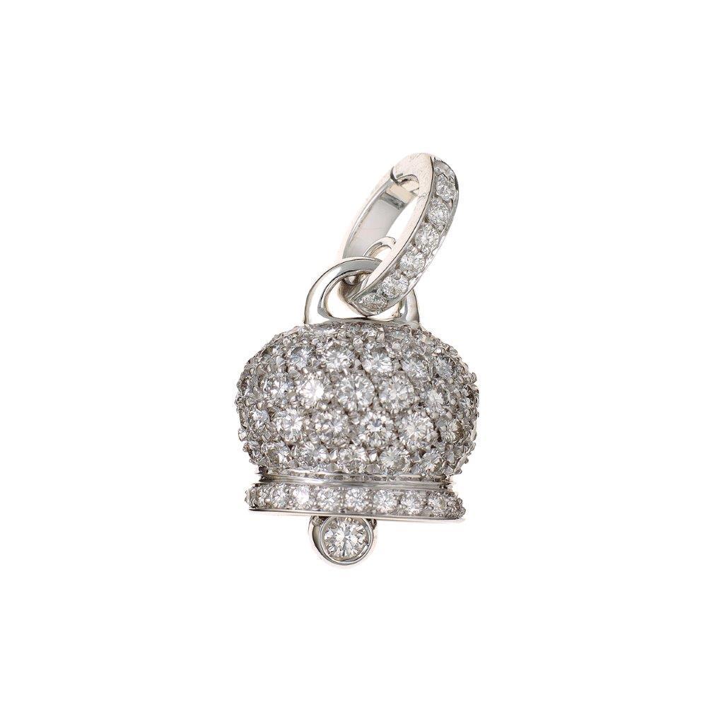Campanella pave diamond bell charm in 18k white gold. Diamonds: 1.49 cts.