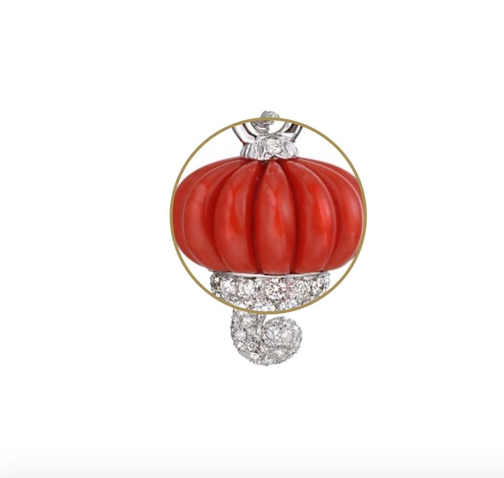 Contemporary Chantecler Horn Charm Set in White Gold, Red Coral and Diamonds Pavé For Sale