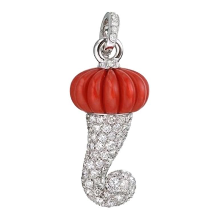 Chantecler Horn Charm Set in White Gold, Red Coral and Diamonds Pavé For Sale