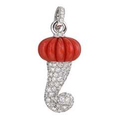 Chantecler Horn Charm Set in White Gold, Red Coral and Diamonds Pavé