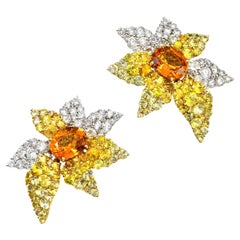 Chantecler Italy Diamond Orange Yellow Sapphire 18K Gold Flower Celebrity Clip O