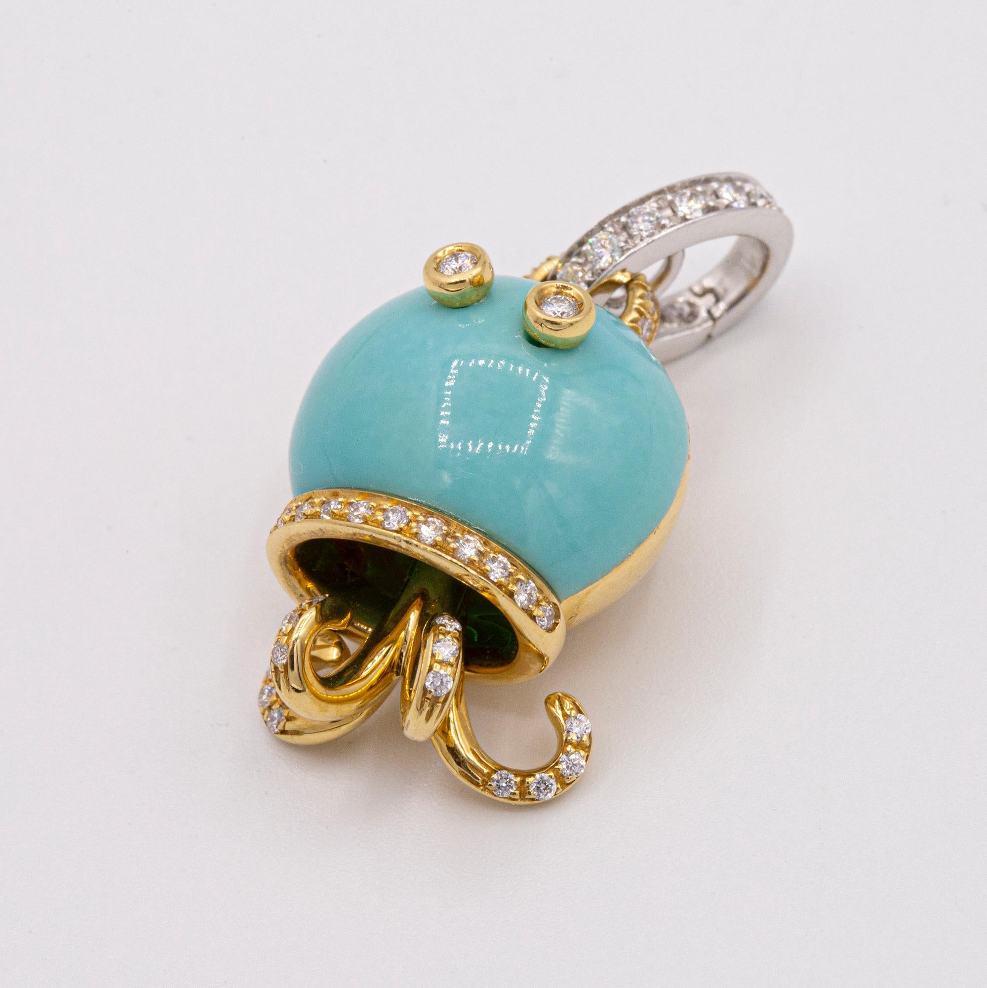 Chantecler jewelry is inspired by the Island of Capri's exotic natural environment. Marinelle octopus charm in 18k yellow gold with turquoise and diamonds.