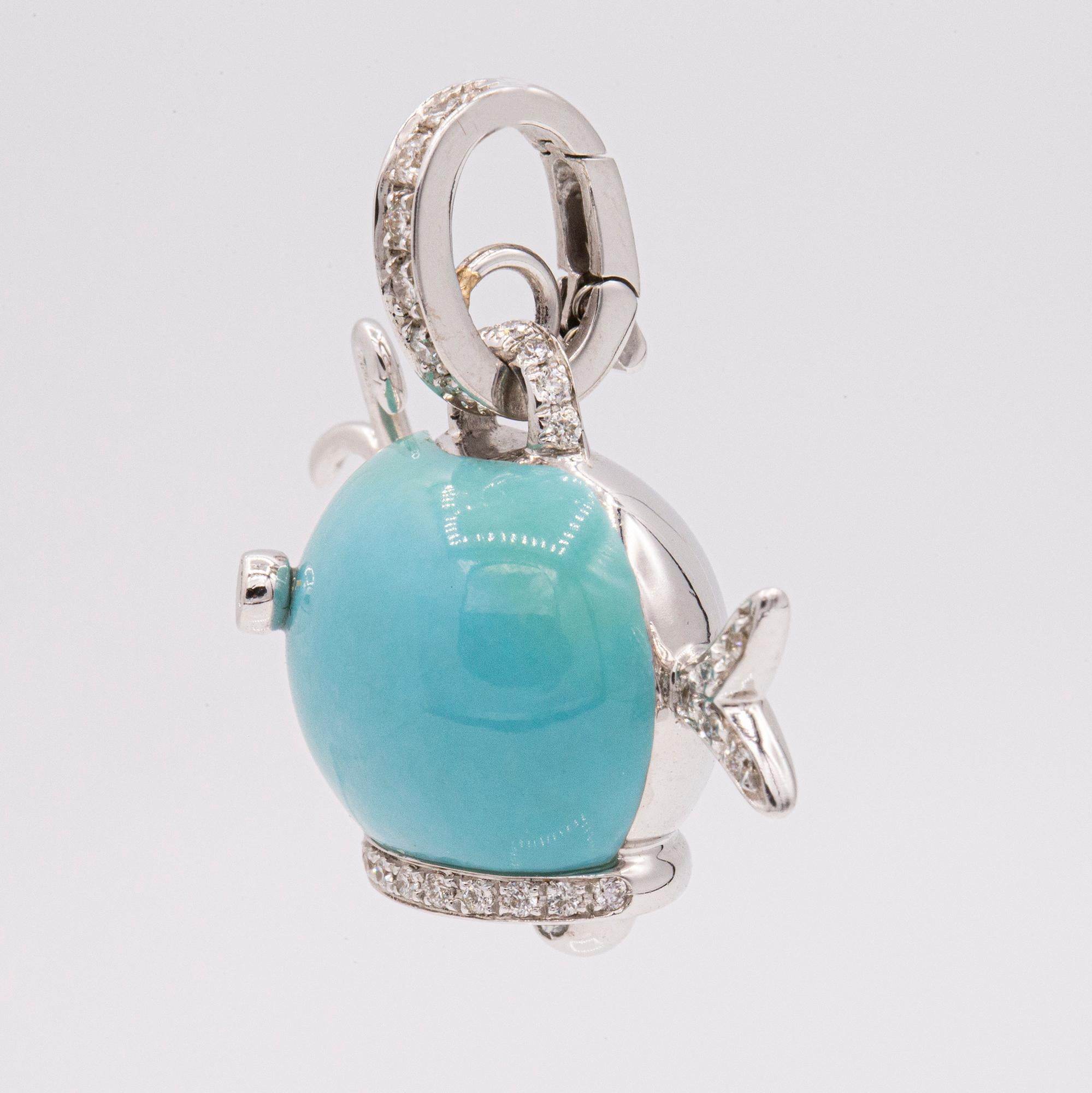 Chantecler jewelry is inspired by the Island of Capri's exotic natural environment. Marinelle whale charm in 18k white gold with turquoise and diamonds.