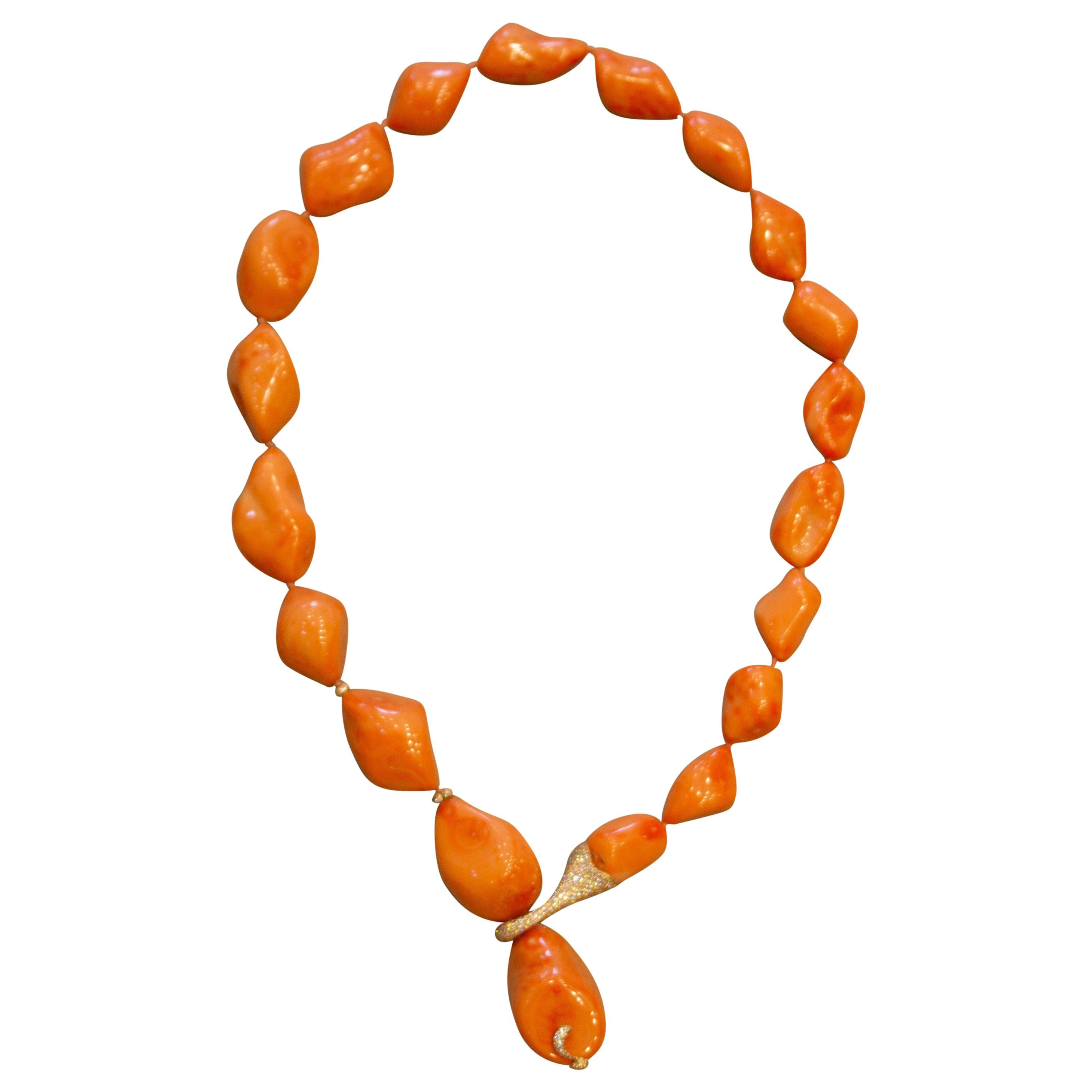 Chantecler of Capri Italian Natural Coral Diamond Gold Necklace For Sale