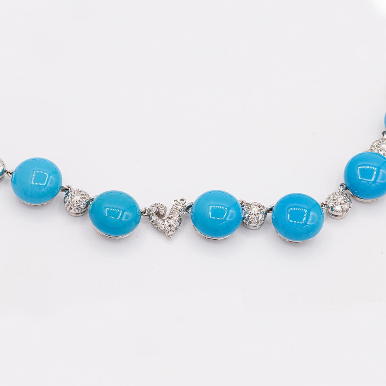 Exclusively at Hamilton Jewelers in the US, Chantecler jewelry is inspired by the Island of Capri's exotic natural environment. Bon Bon turquoise and pave diamond necklace handcrafted in 18k white gold.