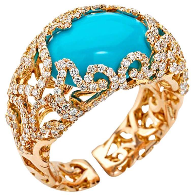 Contemporary Chantecler of Capri Turquoise Diamond Gold Ring For Sale