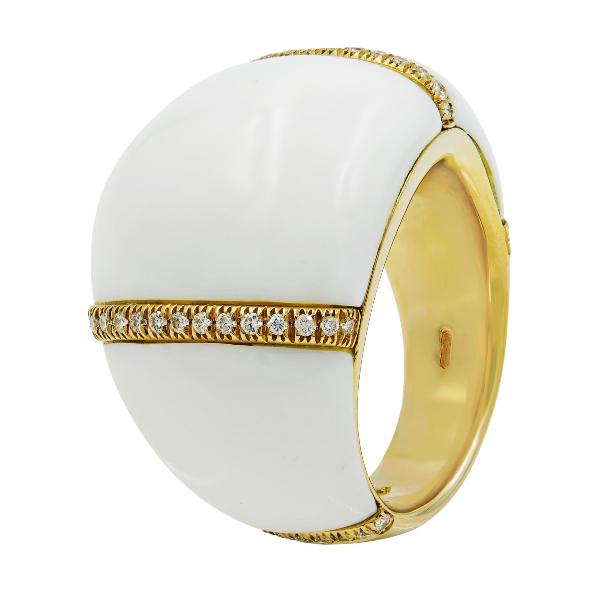 Women's Chantecler White Ceramic Diamond Dome Shaped Ring 18K Yellow Gold 0.50ctw Size 7