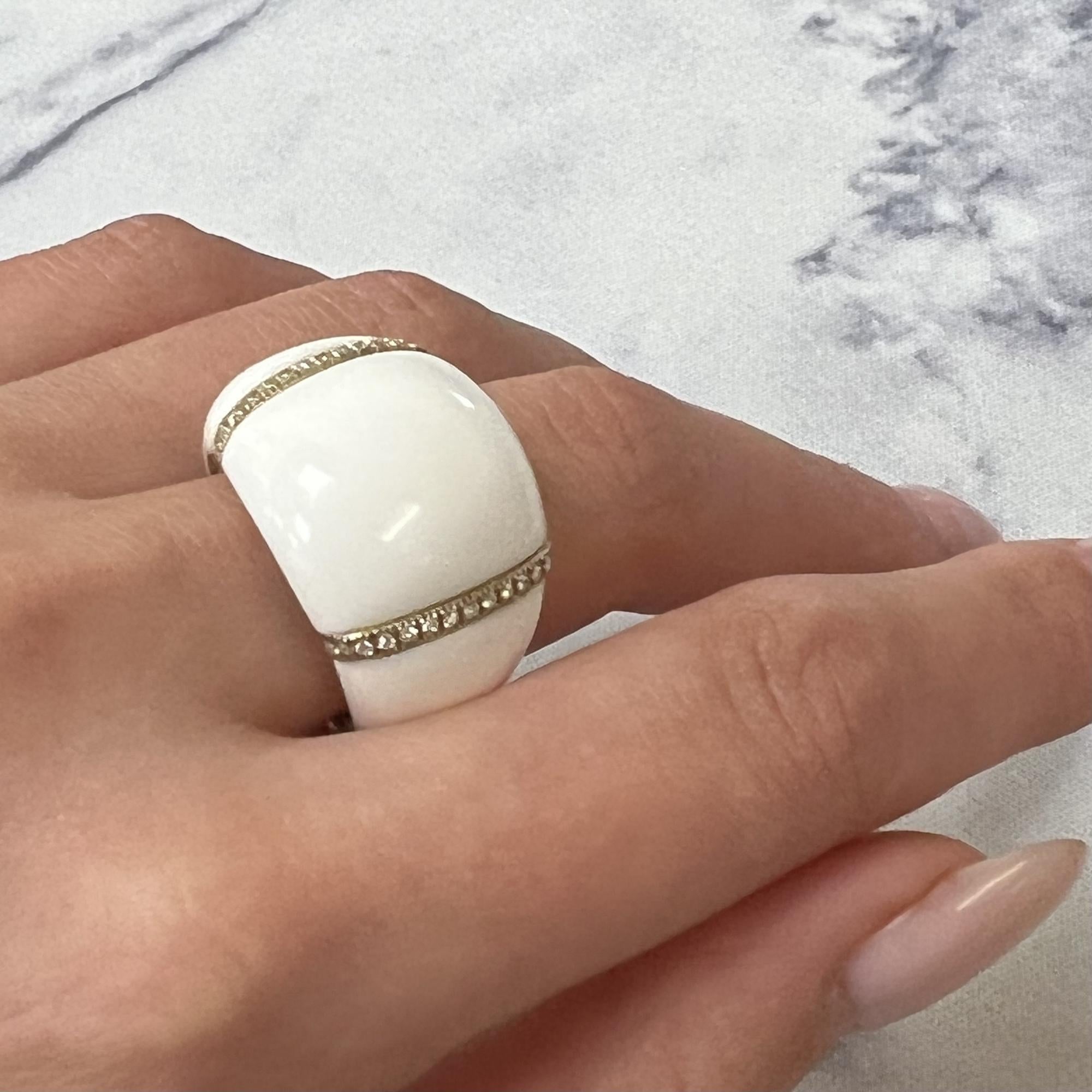 Chantecler White Ceramic Diamond Dome Shaped Ring 18K Yellow Gold 0.50ctw Size 7 1