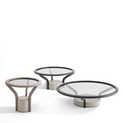 Chanterelle Runde Fumé Glasplatte mit Leder Basis große Couchtisch