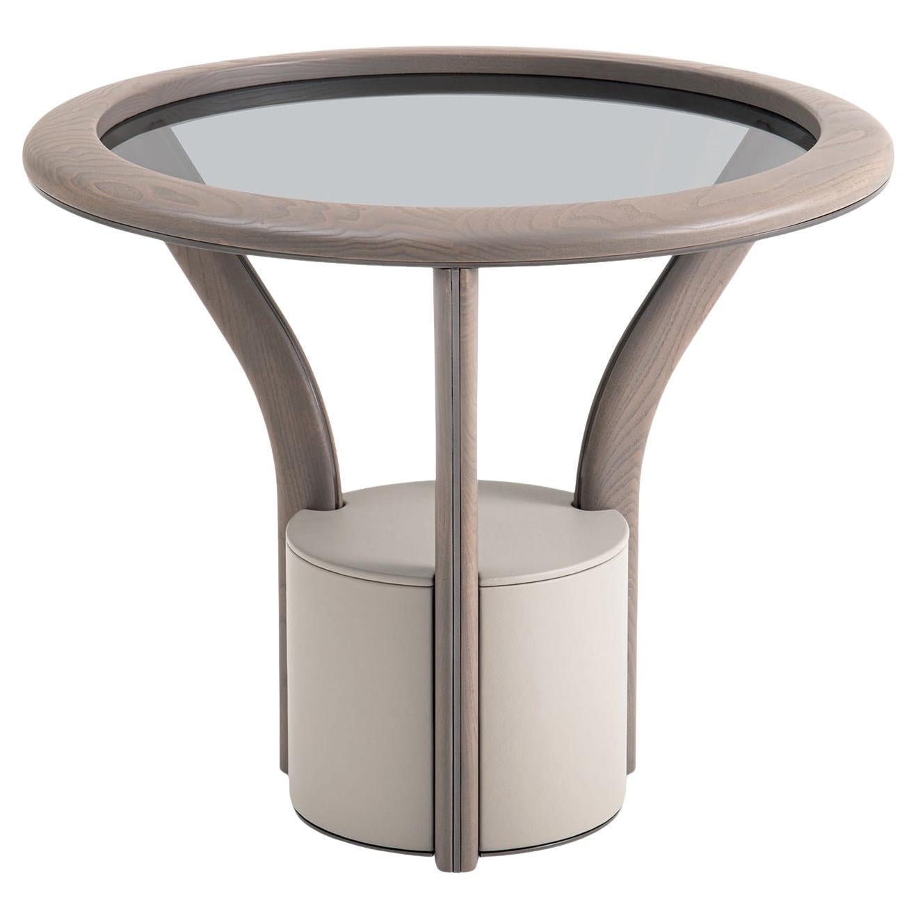 Chanterelle Table d
appoint ronde en verre fumé avec base en cuir en vente
