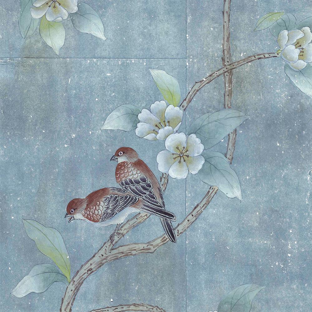 Contemporary Chanteur Antiqued Chinoiserie Wallpaper Mural For Sale