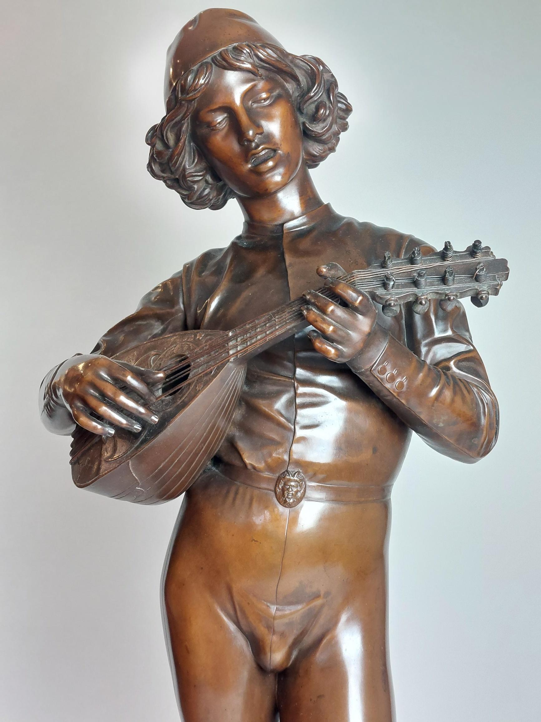 Chanteur florentin du XVe siècle Eine klassische französische Bronze eines Troubadours (19. Jahrhundert) im Angebot