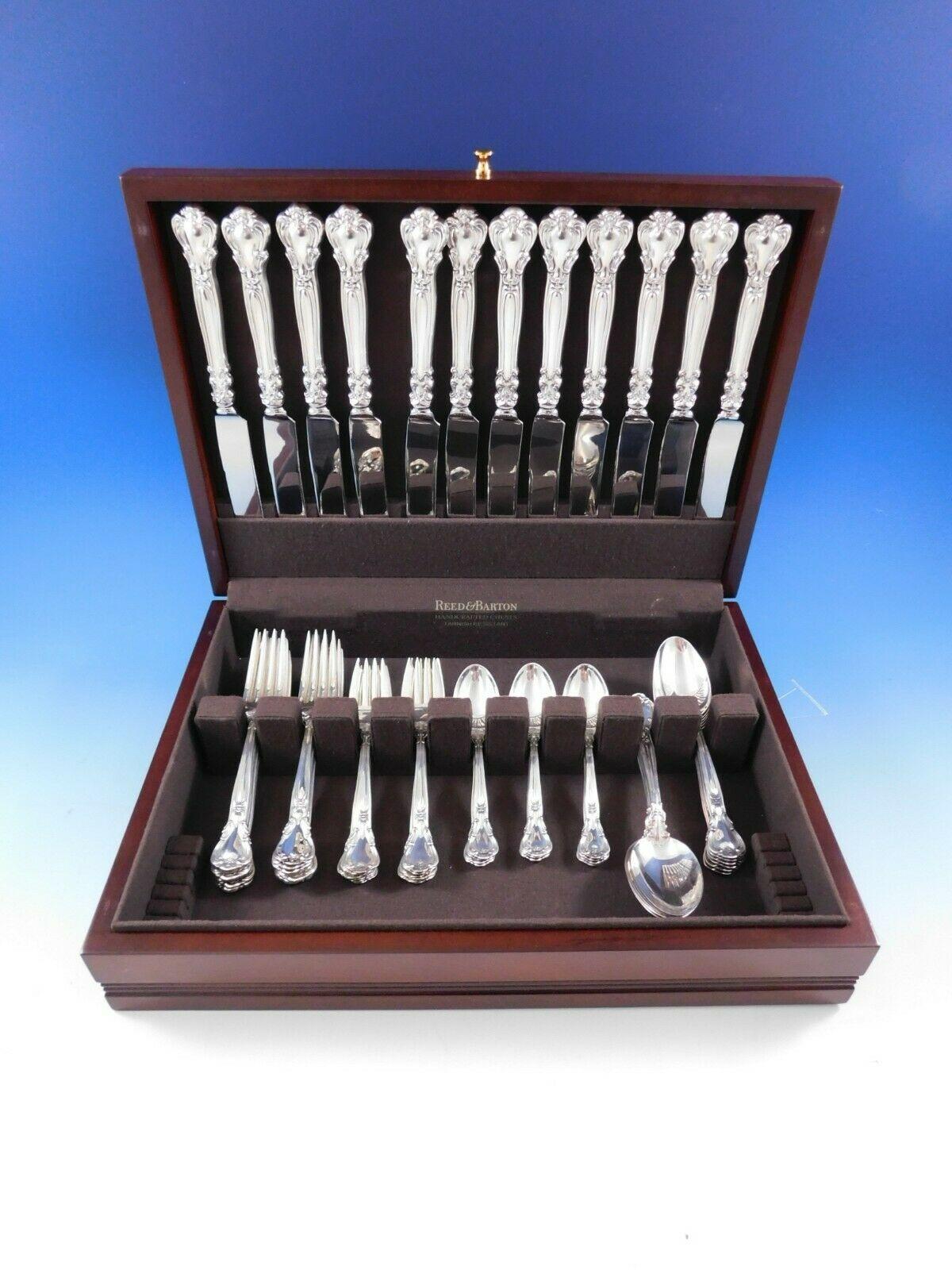 Chantilly by Gorham sterling silver Flatware set, 60 pieces. This set includes massive Continental size dinner knives and large/wide dinner forks. This set includes:

12 massive continental size knives, 10 3/8