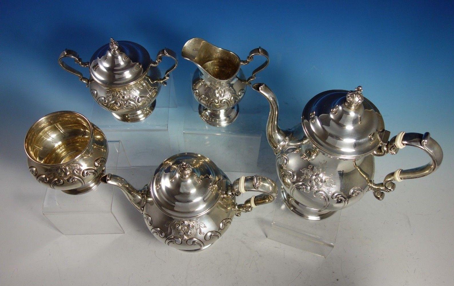 Beautiful Chantilly Countess by Gorham sterling silver 5-piece tea set. This set includes:
1 - Coffee Pot: Holds 3 pints, is marked #1001/2, measures 9 3/4