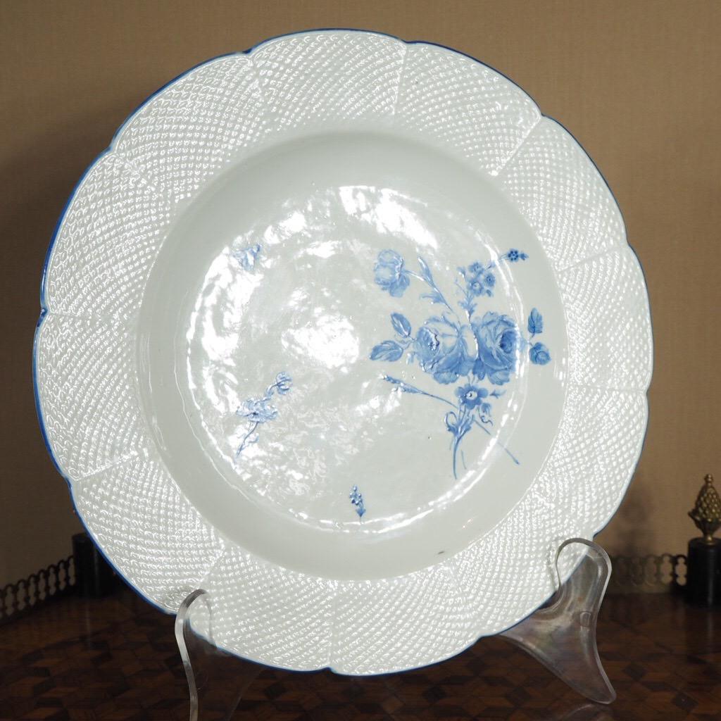 French Chantilly Plate with Blue Flowers & Insects, C. 1770 For Sale