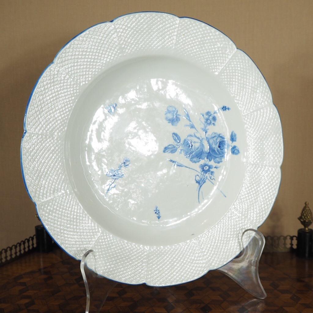 Hand-Painted Chantilly Plate with Blue Flowers & Insects, C. 1770 For Sale