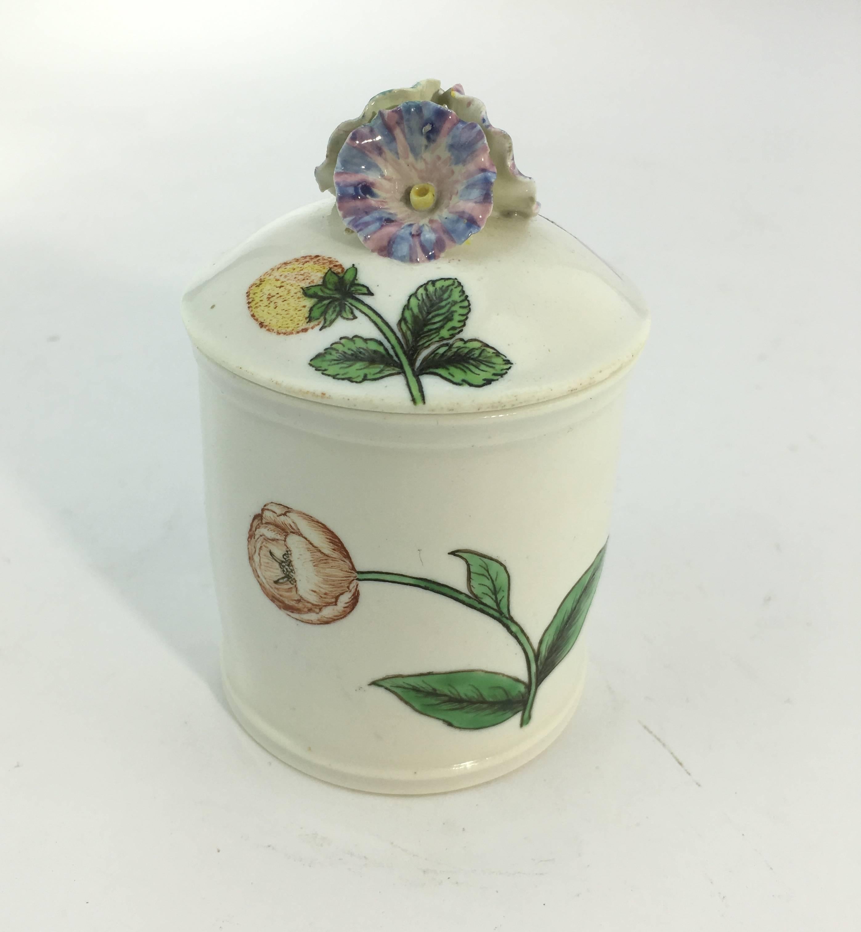 Baroque Chantilly Pomade Pot with Rare Holzschnittblumen 'Woodcut Flowers' after Meissen