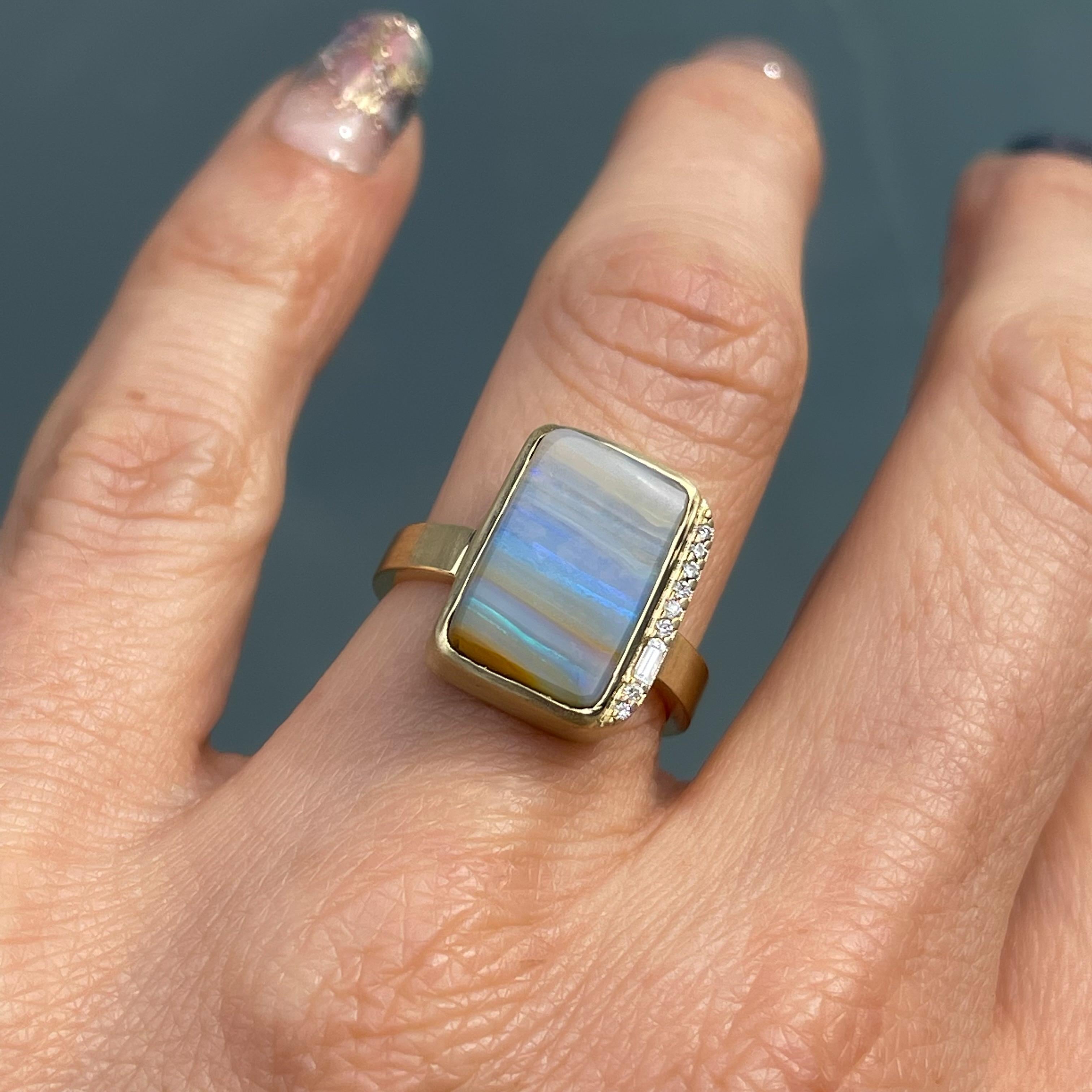 Contemporary Chantilly Skies Australian Opal Ring with Diamonds in 14k Gold by NIXIN Jewelry For Sale