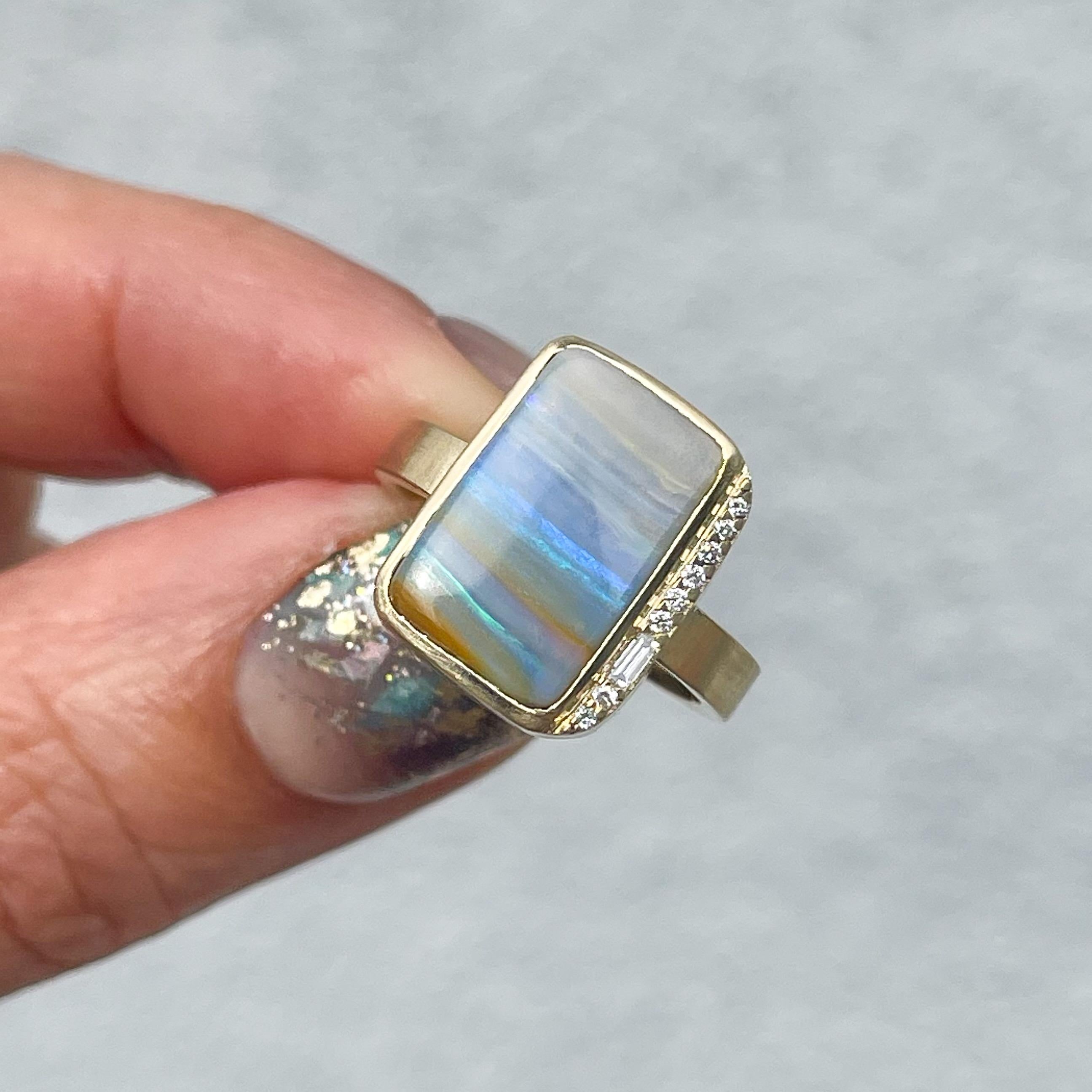 Women's Chantilly Skies Australian Opal Ring with Diamonds in 14k Gold by NIXIN Jewelry For Sale