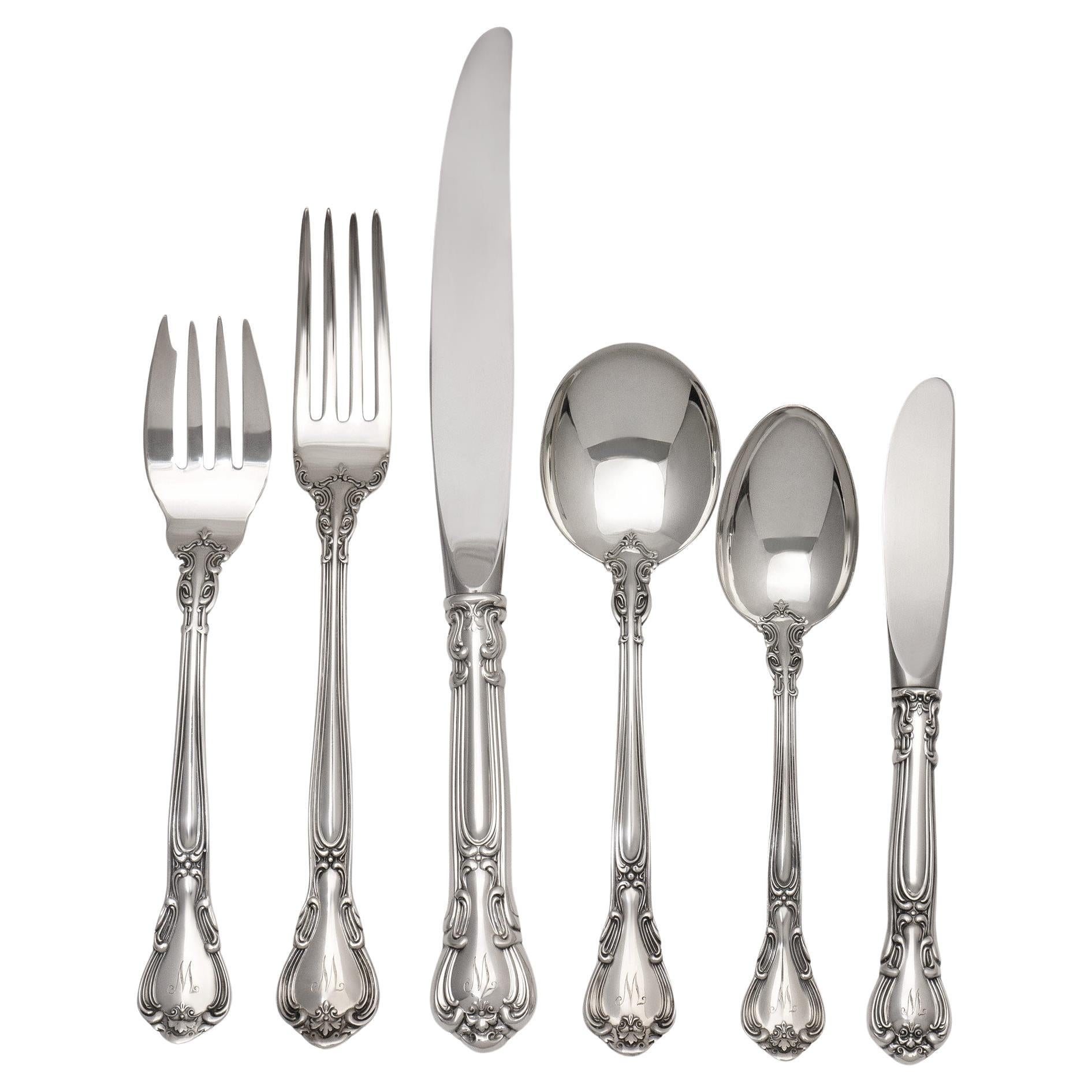 Chantilly Sterling Silver Flatware Set. 11 Serving Pieces- Total: 85 Pieces For Sale
