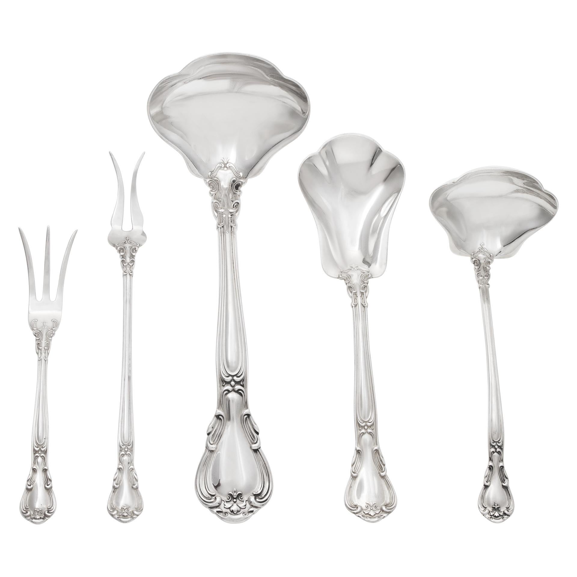 CHANTILLY sterling silver flatware set patented in 1895 by Gorham- 7 Place Setting for 10 w/ 13 Serving pieces. Over 3066 grams sterling silver or 99 ounces troy,  (non including the pieces with stainles steel blade). PLACE SETTING: 12 place knife