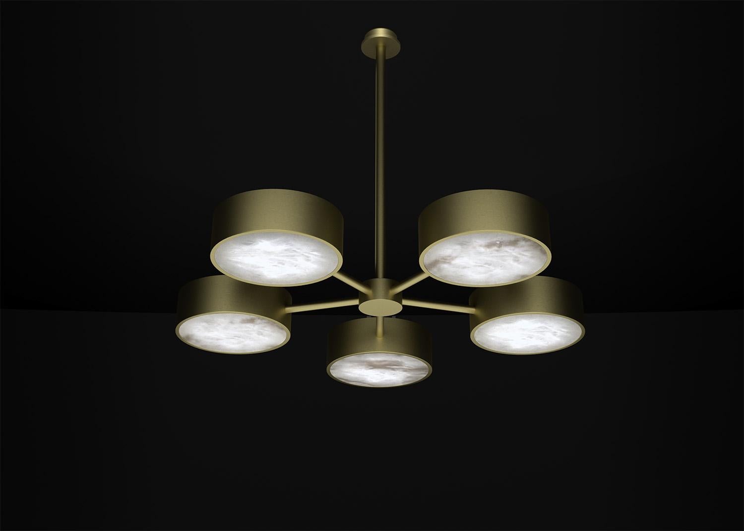 Chaos Brushed Brass Chandelier by Alabastro Italiano
Dimensions: D 97 x W 100 x H 84.5 cm.
Materials: White alabaster and brass.

Available in different finishes: Shiny Silver, Bronze, Brushed Brass, Ruggine of Florence, Brushed Burnished, Shiny
