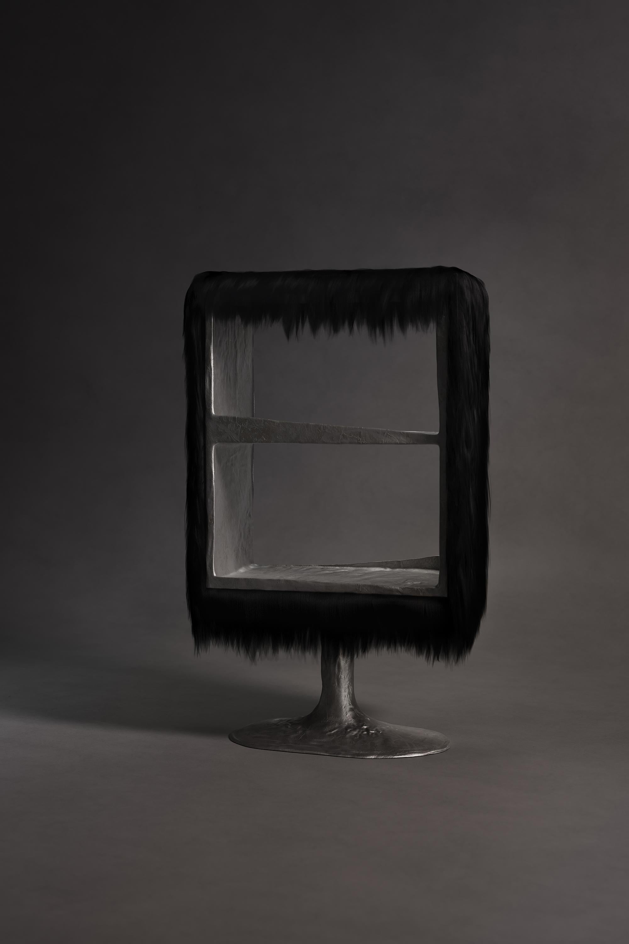 Chaos Cabinet by Atelier V&F
Limited Edition Of 8+2AP Pieces.
Dimensions: D 37 x W 86 x H 147 cm. 
Materials: Goatskin offcuts and cast aluminum.

「Chaos Cabinet」 rose and took shape from the flowing silver metal, it creates a visual impact of