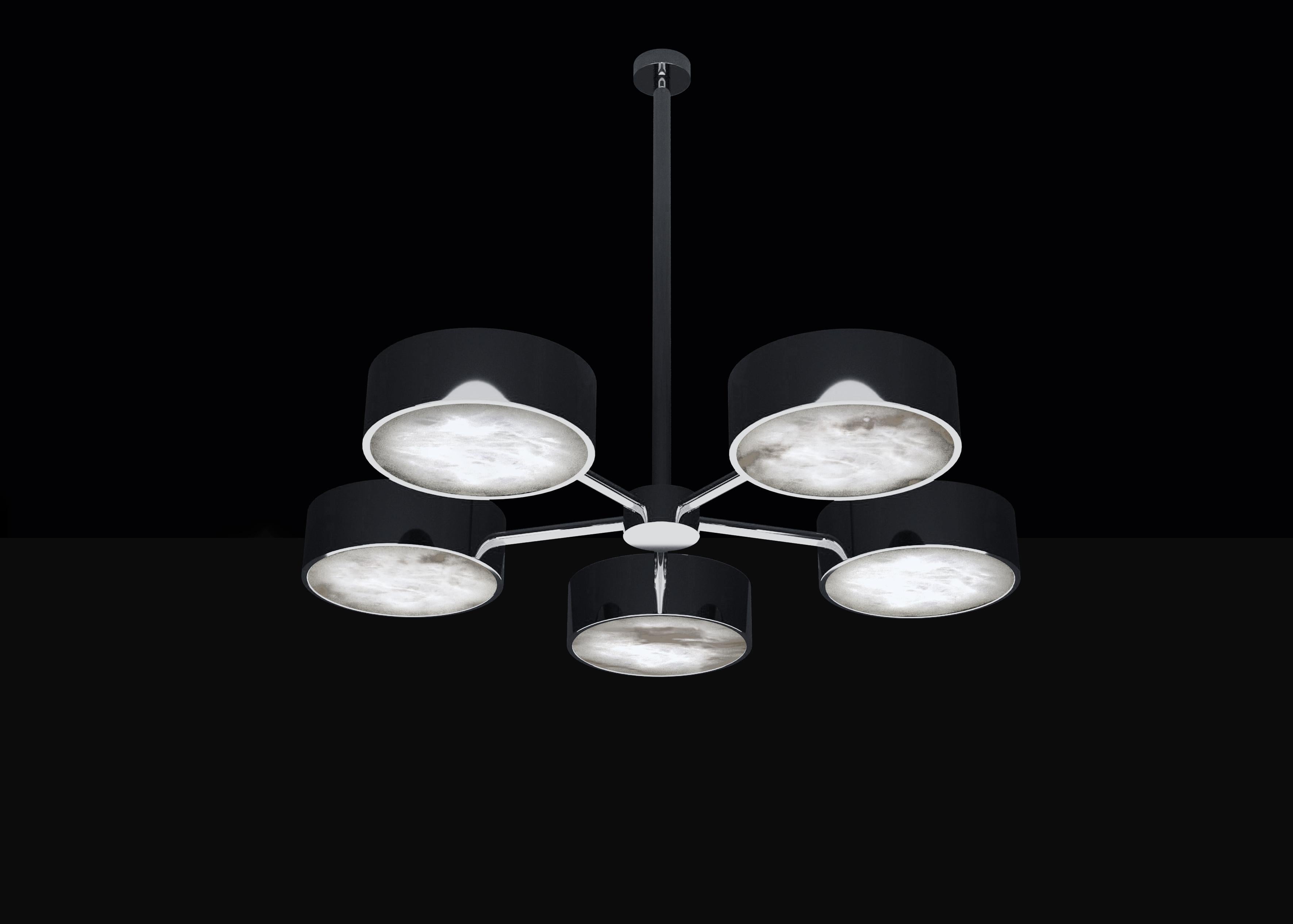 Chaos Shiny Black Metal Chandelier by Alabastro Italiano
Dimensions: D 97 x W 100 x H 84.5 cm.
Materials: White alabaster and metal.

Available in different finishes: Shiny Silver, Bronze, Brushed Brass, Ruggine of Florence, Brushed Burnished, Shiny
