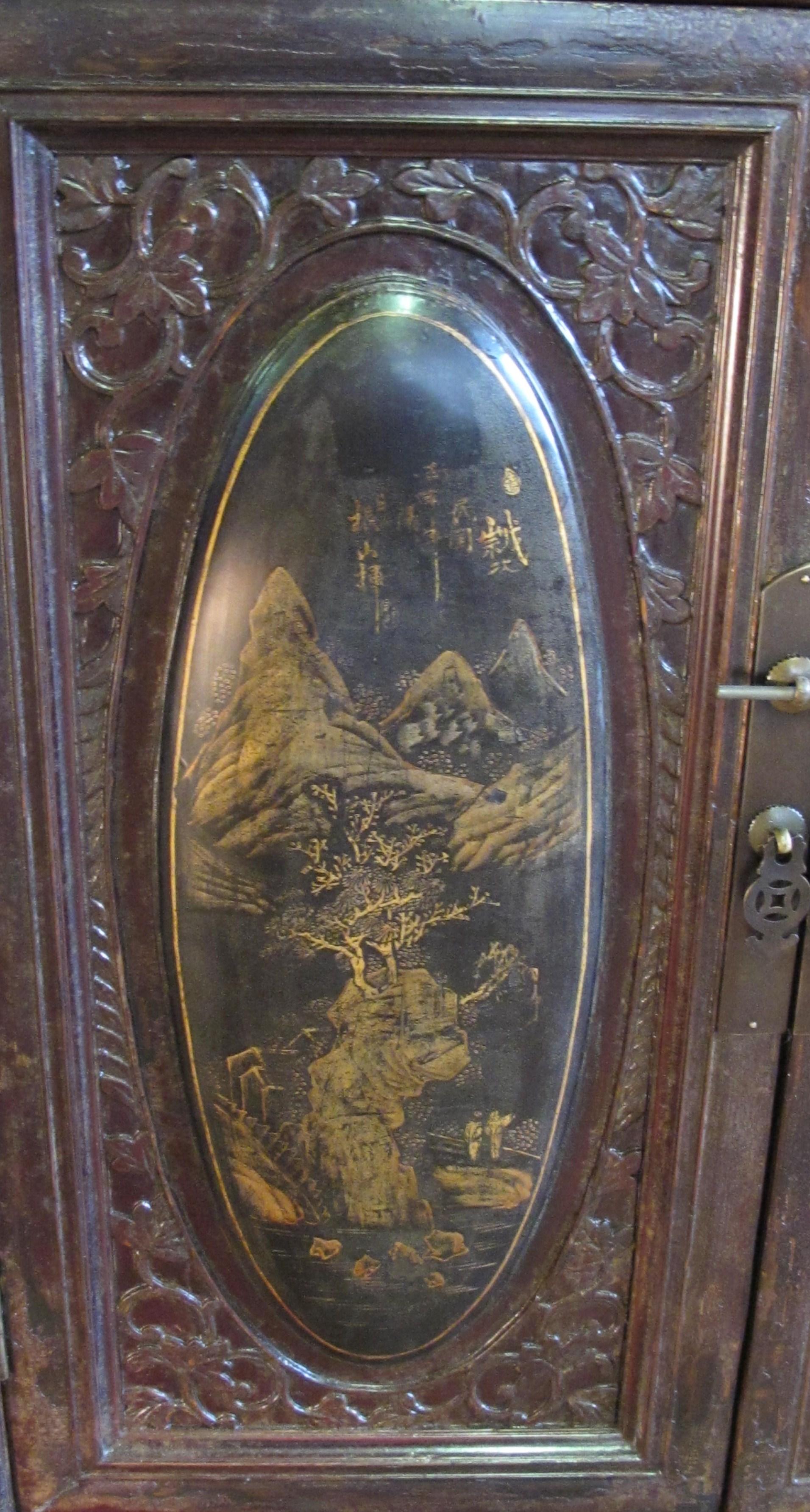 Chaozhou Cabinet with Painted and Carved Panels 2 For Sale 5