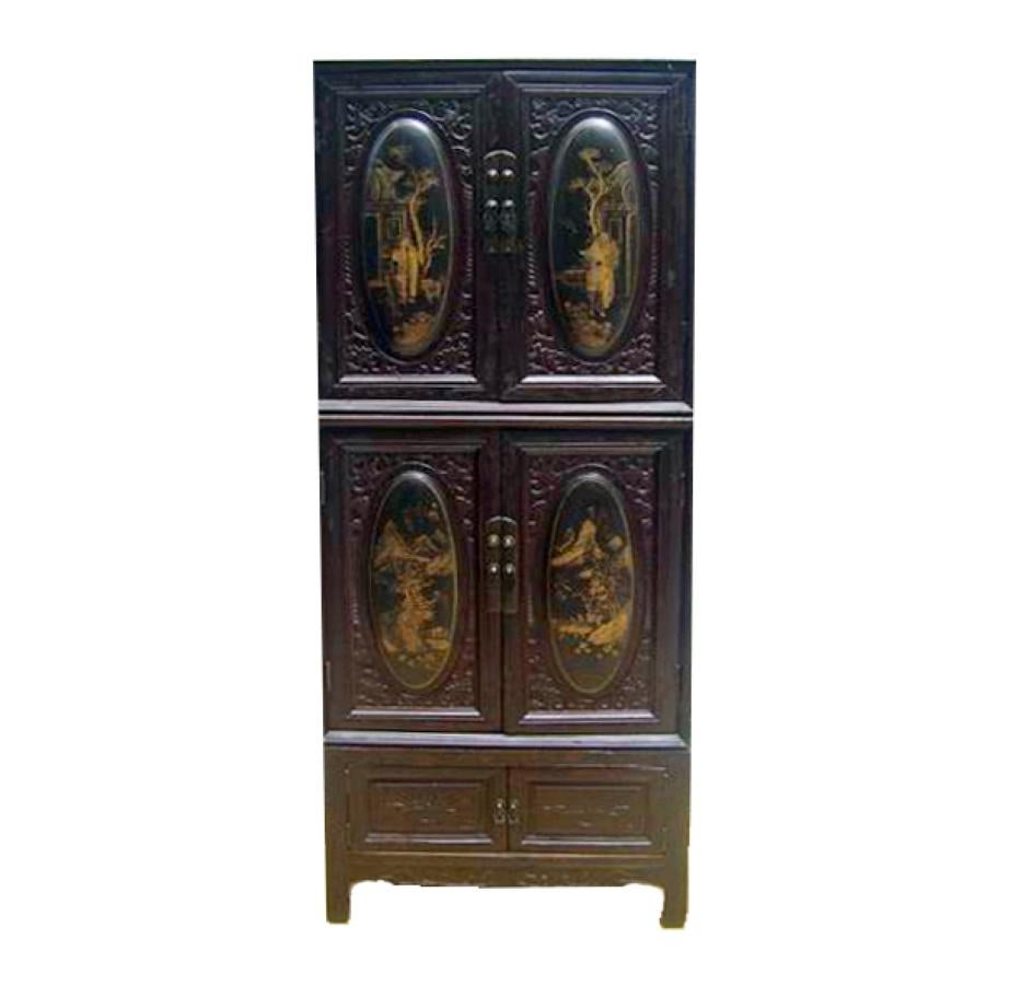 Chinese Export Chaozhou Cabinet with Painted and Carved Panels 2 For Sale