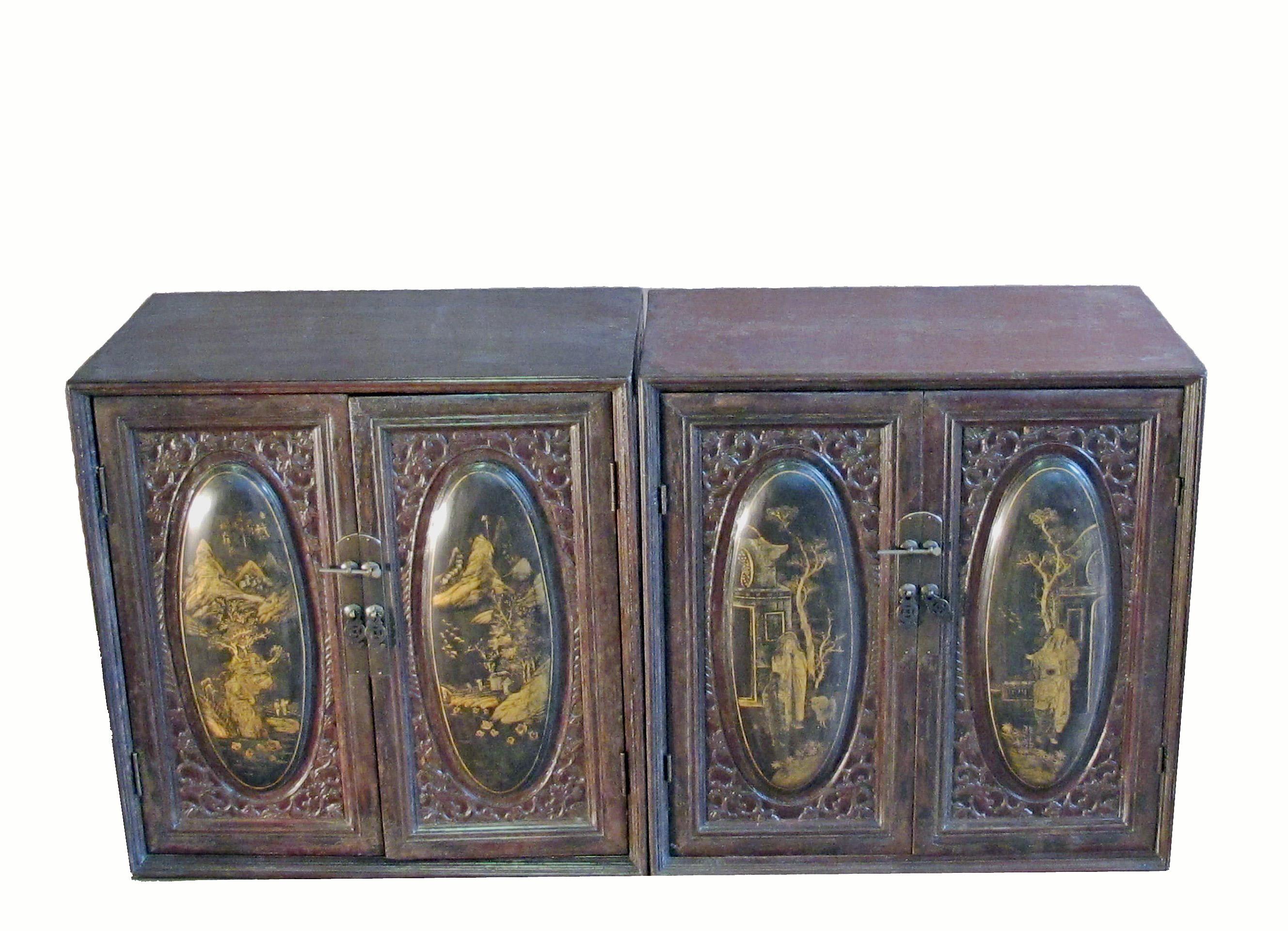 Elm Chaozhou Cabinet with Painted and Carved Panels 2 For Sale